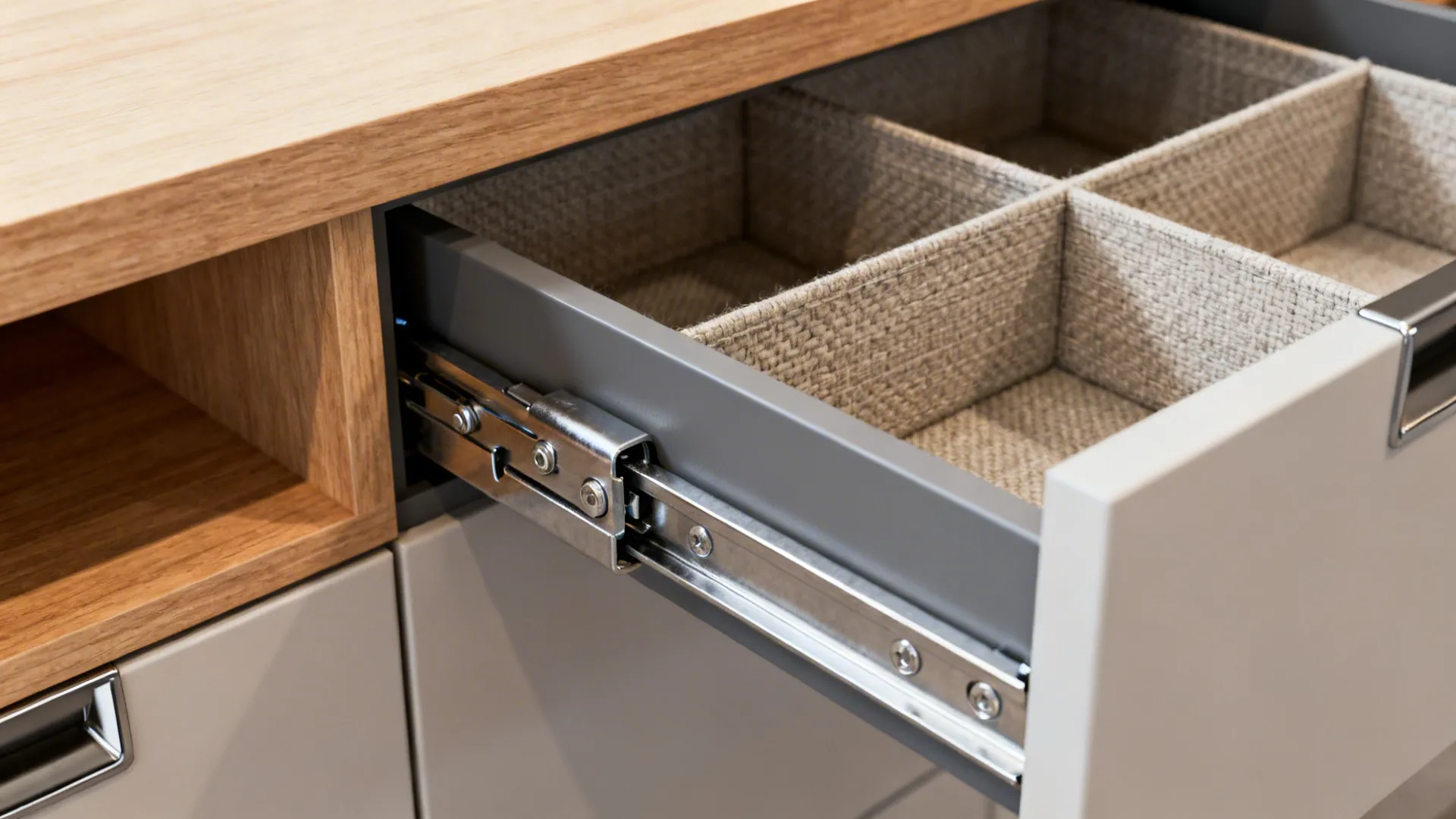 Close-up of pull-out hamper drawer slide and fabric compartments inside a cabinet.