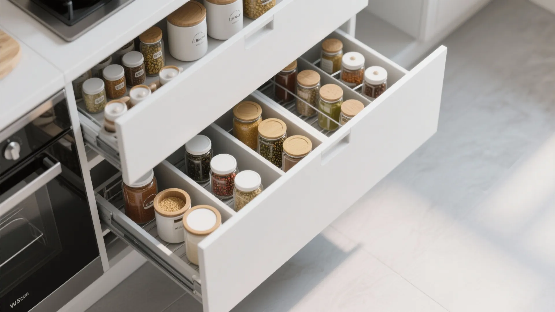 Open white kitchen drawer with organized spice jars and seasoning containers for efficient food storage solutions
