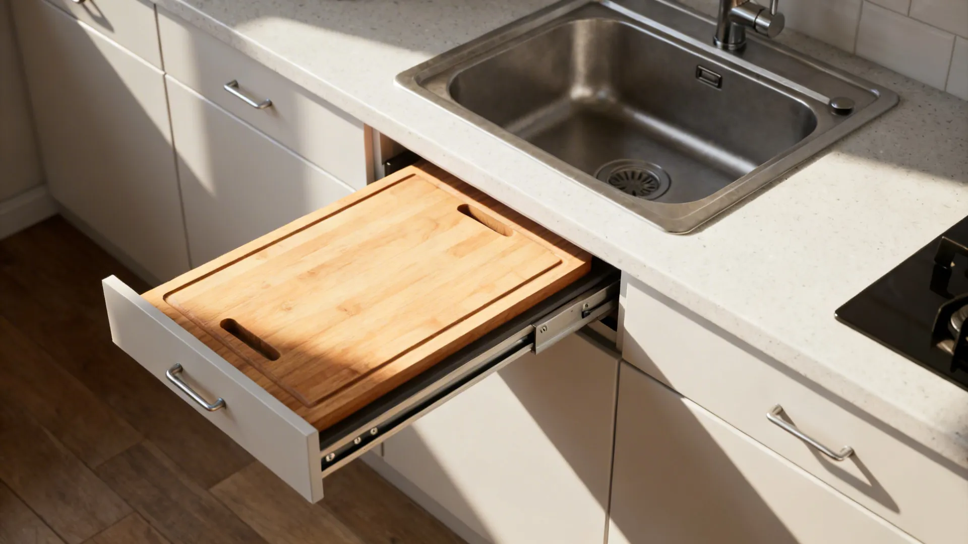 Slim pull-out cutting board and slide-out counter extended next to a sink in a small kitchen.