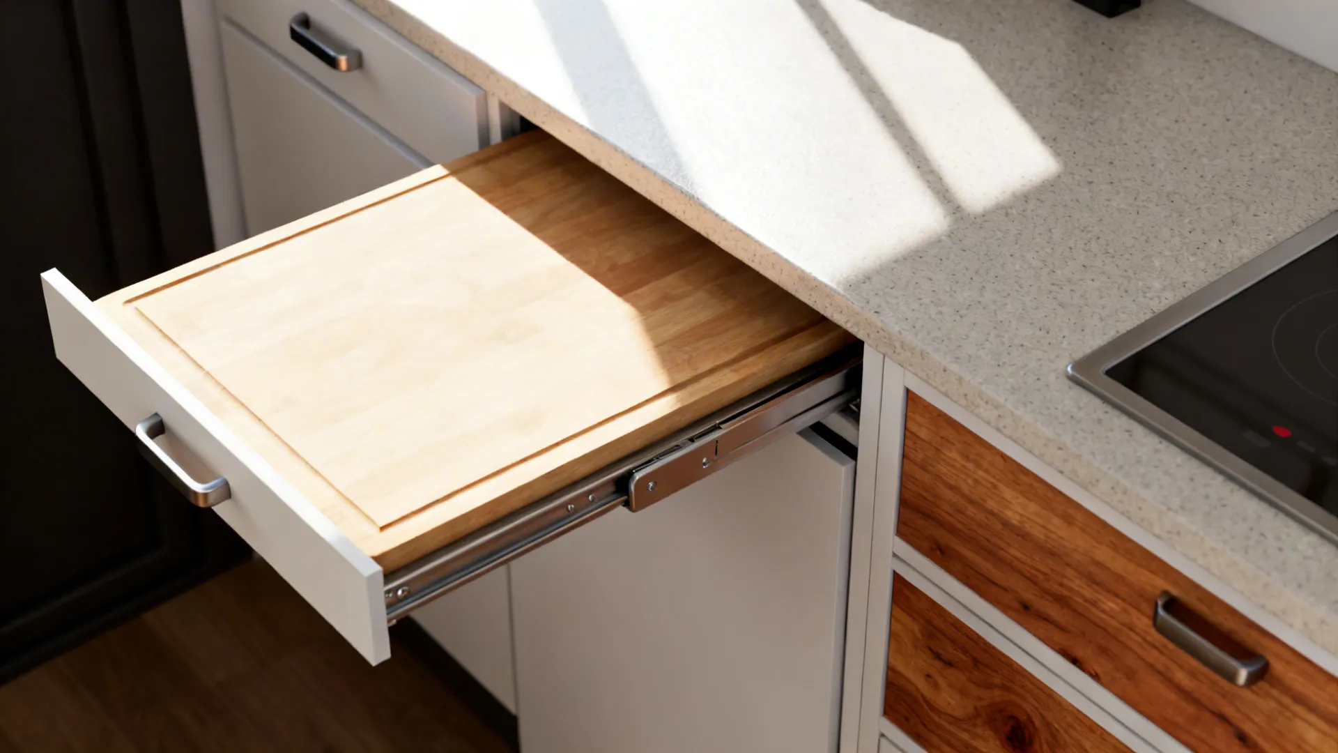 Pull-out cutting board and fold-down table in a compact kitchen, shown from a top-angled view