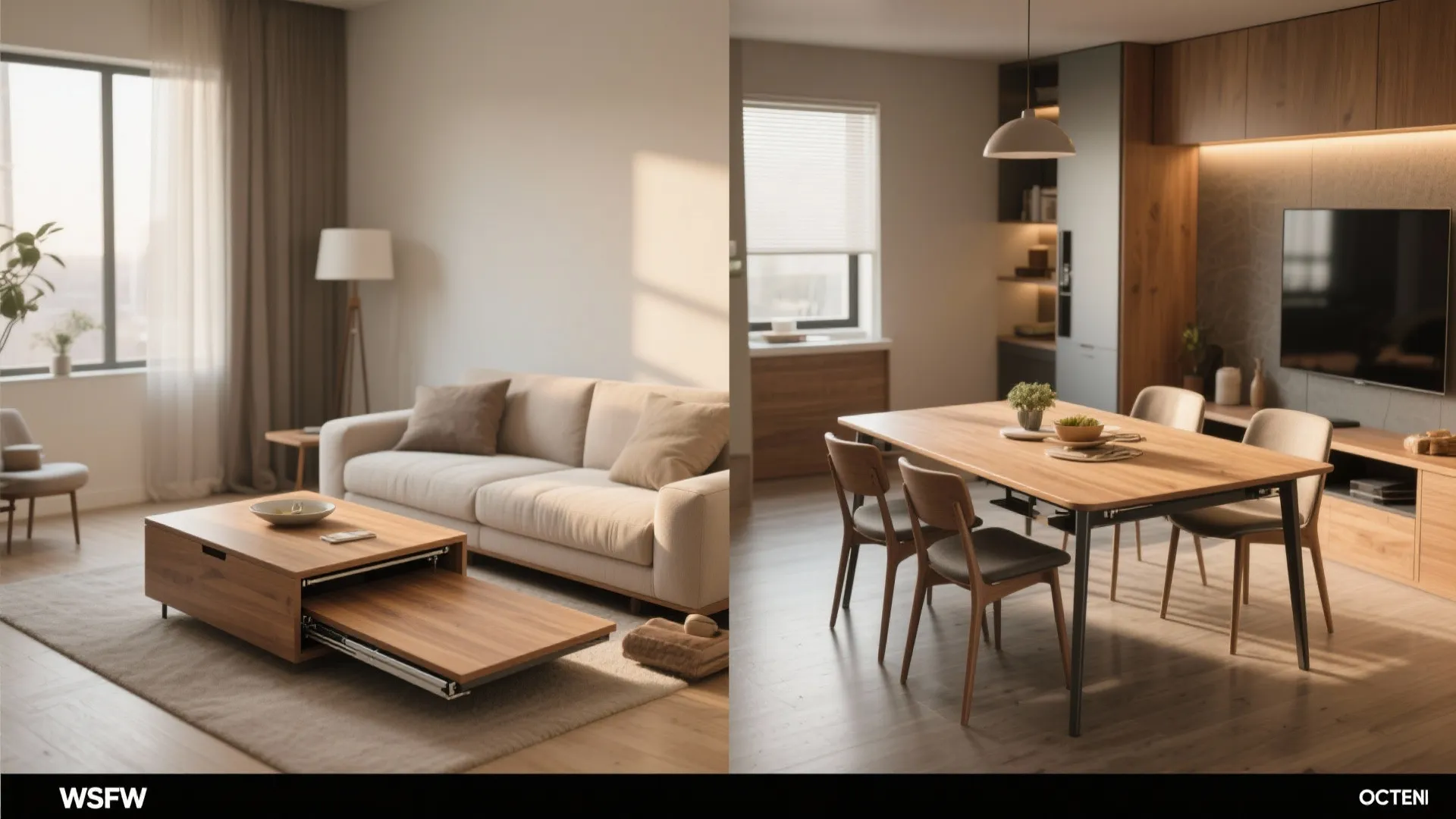 5. Pull-out or convertible coffee table for dining and desk use