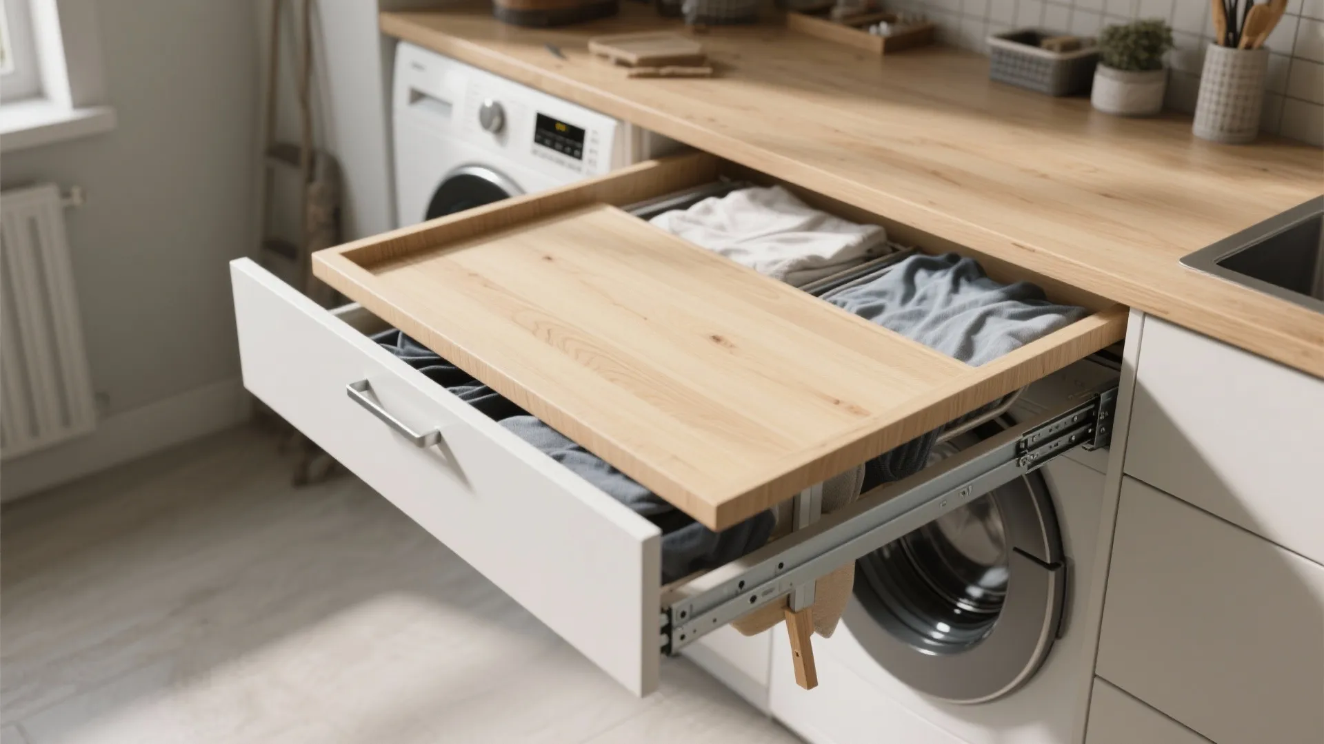 Pull-out wooden shelf inside a drawer above a washing machine in a bright laundry room