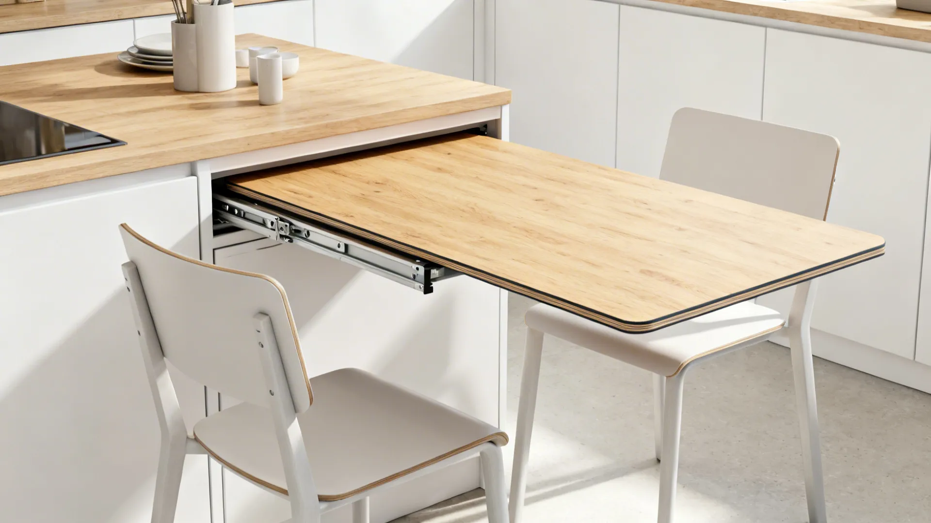 Slide-out dining table extended from a base cabinet with two slim chairs in a small kitchen.