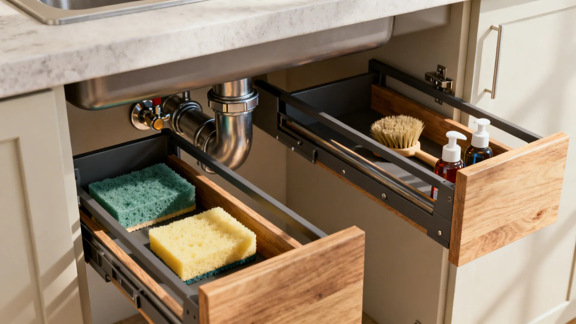 Shallow pull-out drawers framing the plumbing trap storing sponges and brushes for easy access.