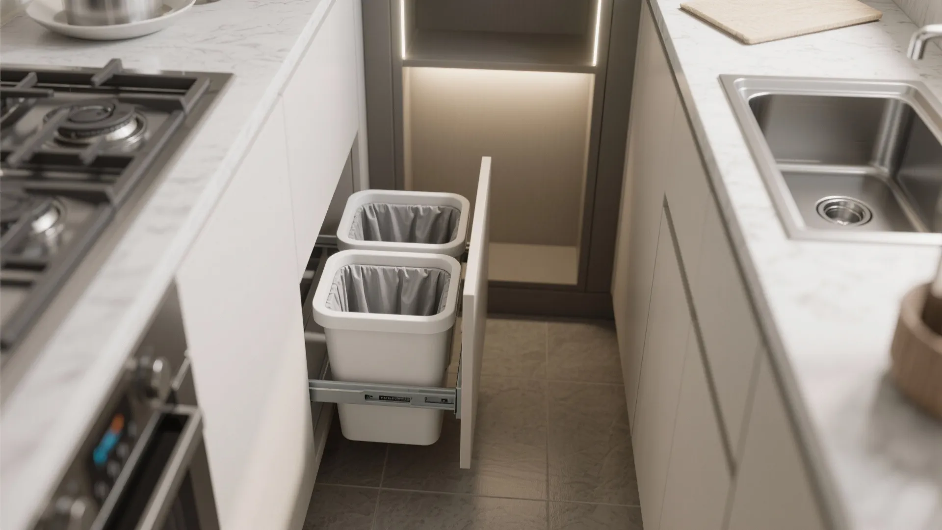 Built in pull out kitchen cabinet drawer holding two white plastic trash cans for waste management
