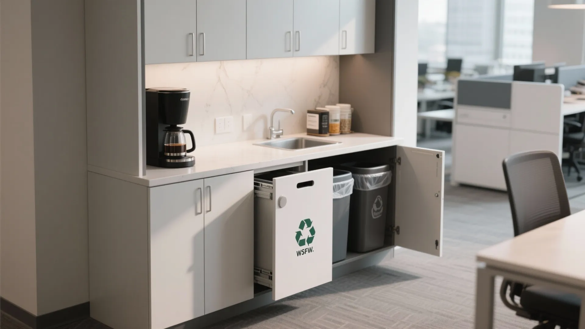 Office breakroom cabinet with a pull-out recycling bin next to a sink and coffee maker