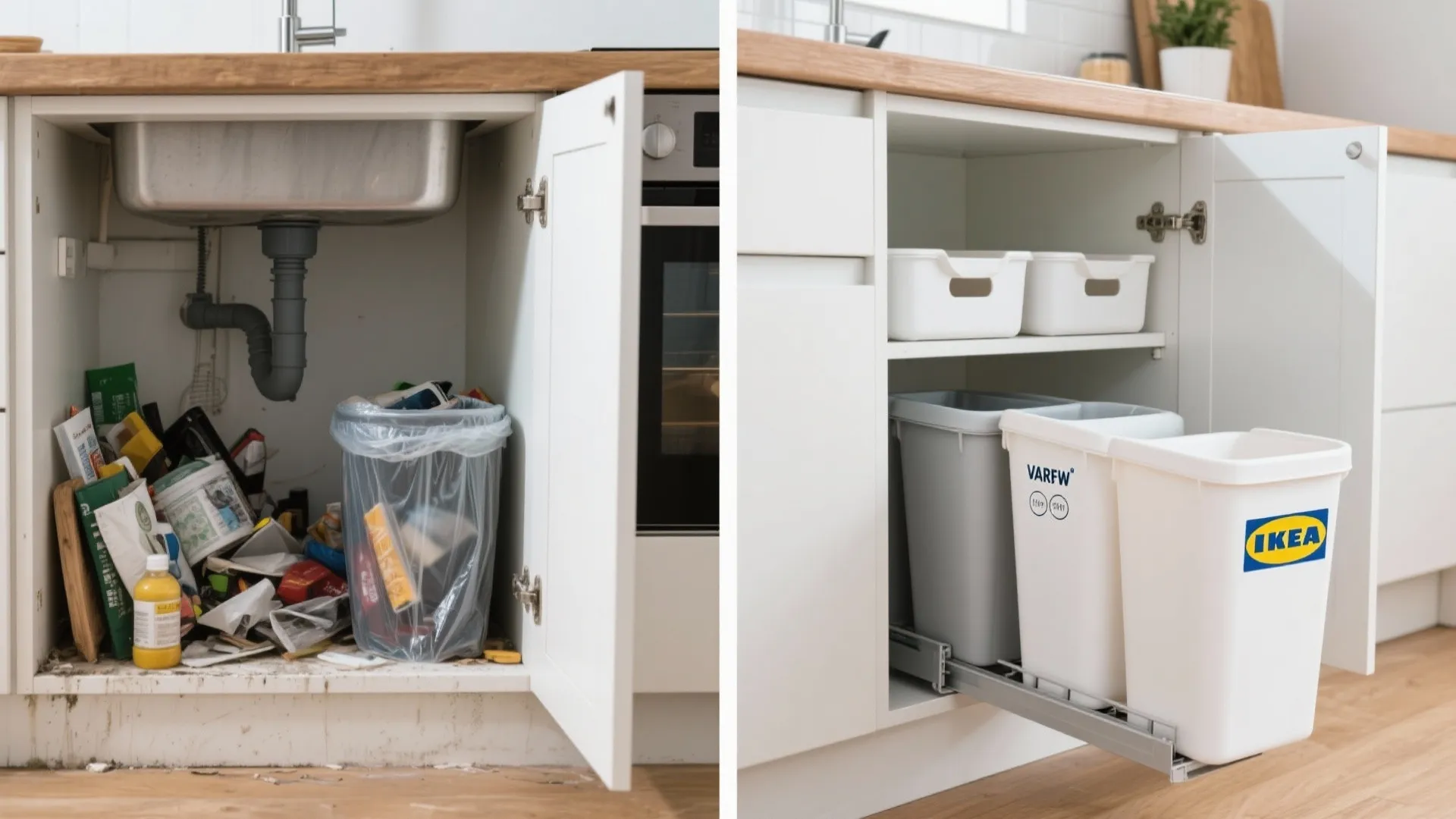 Before and after comparison of messy kitchen cabinet versus organized pull out trash bin system