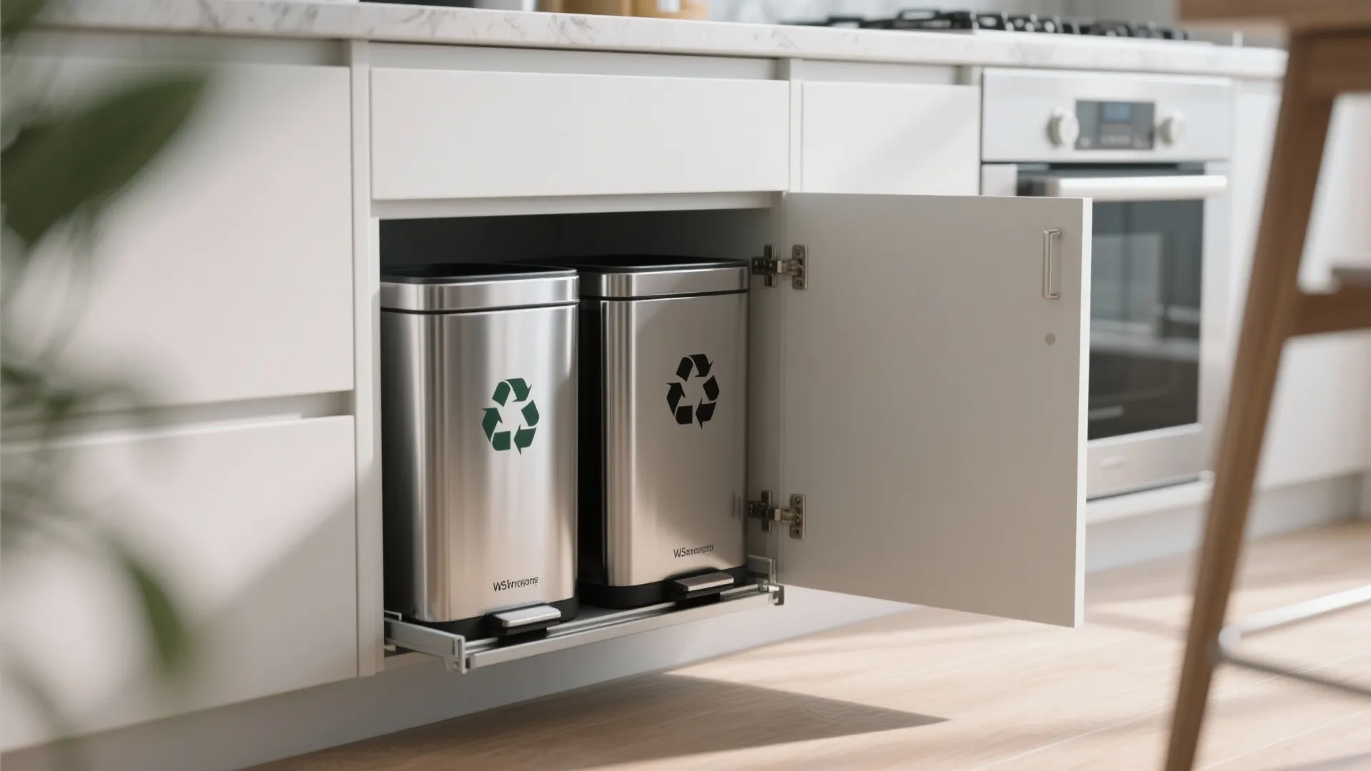 Modern white kitchen cabinet with pull-out drawer showing two stainless steel trash and recycling bins