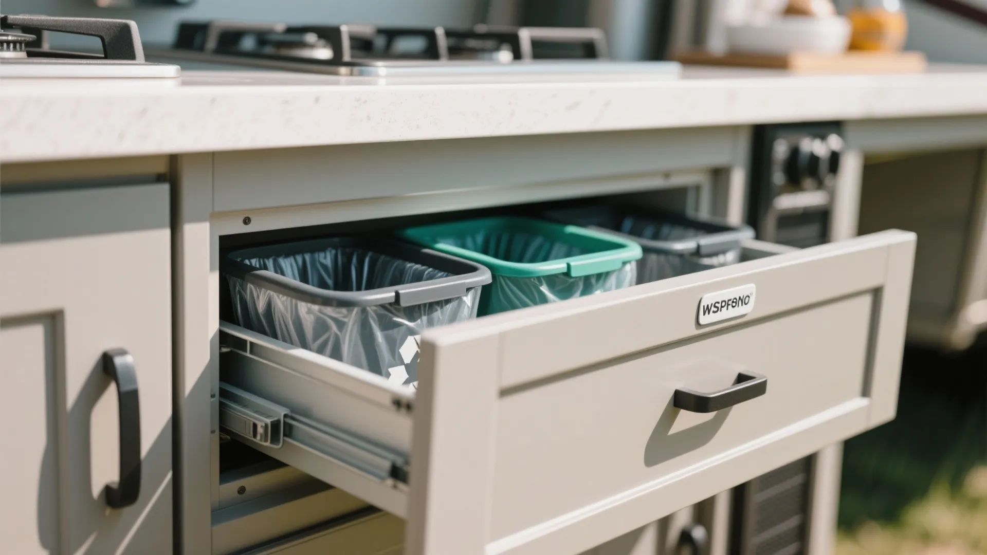 Close up of a pull out kitchen drawer holding three plastic trash bins for waste