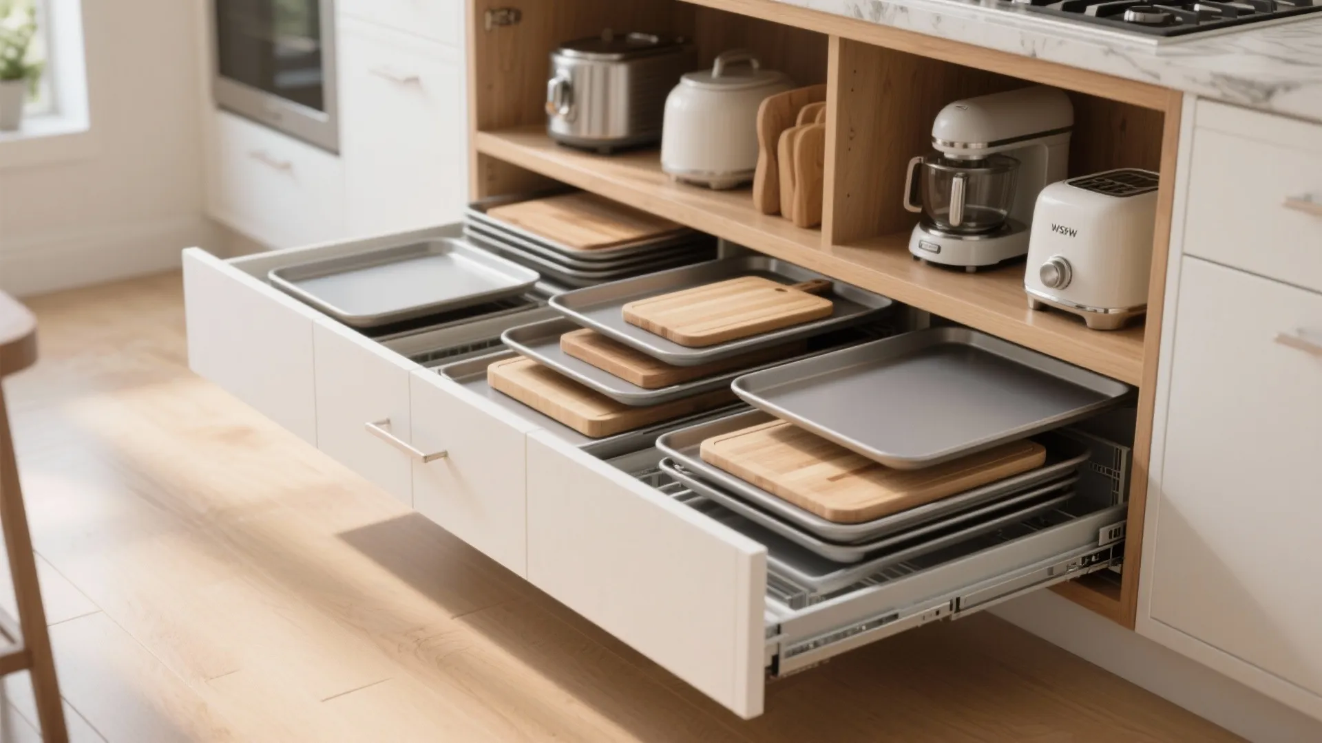 Open kitchen drawer organized with metal baking trays and wooden cutting boards in white cabinets
