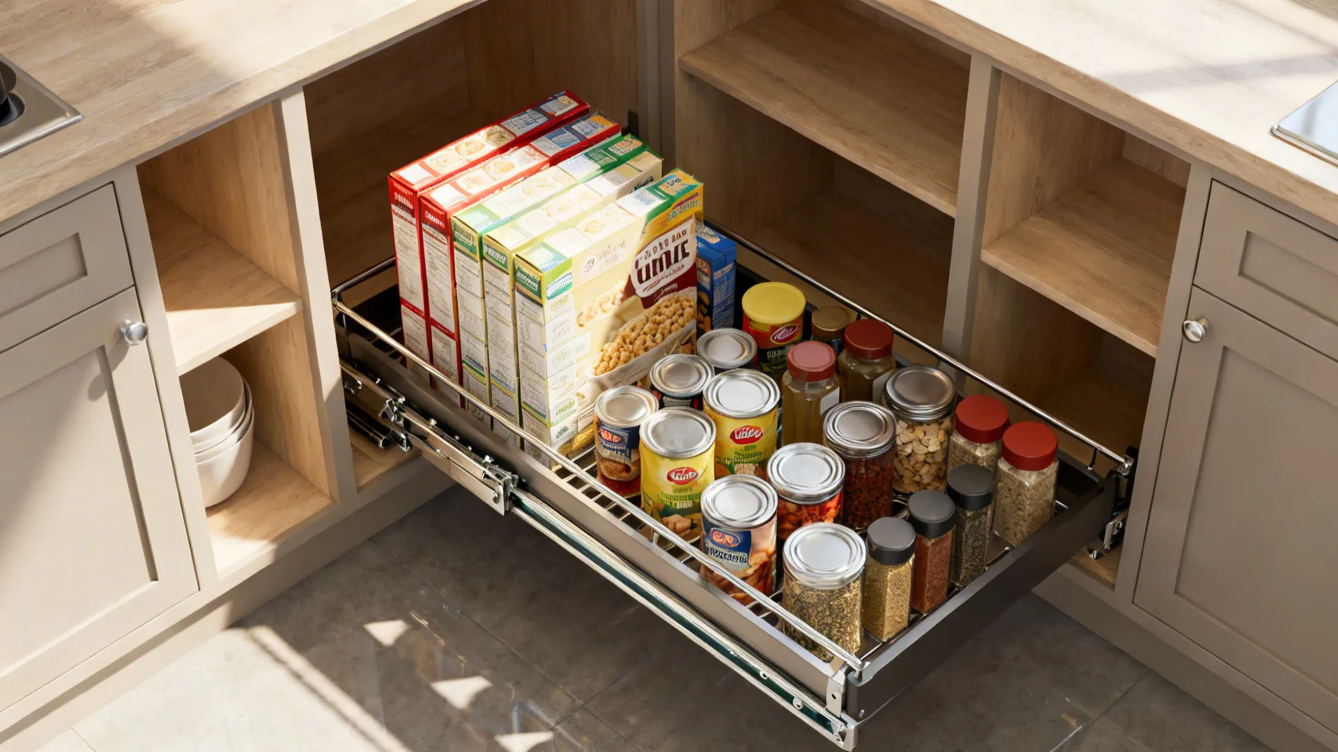Top-down view of a corner pull-out tray system showing telescopic runners and organized pantry items