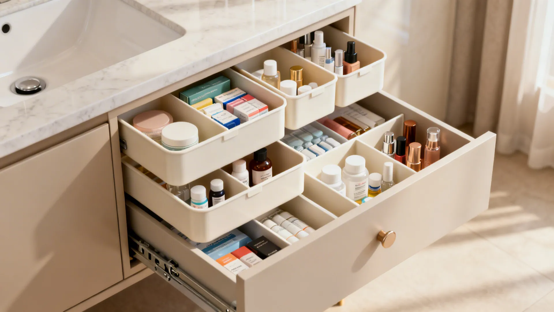 Compact vanity with pull-out drawers and built-in organizers holding toiletries
