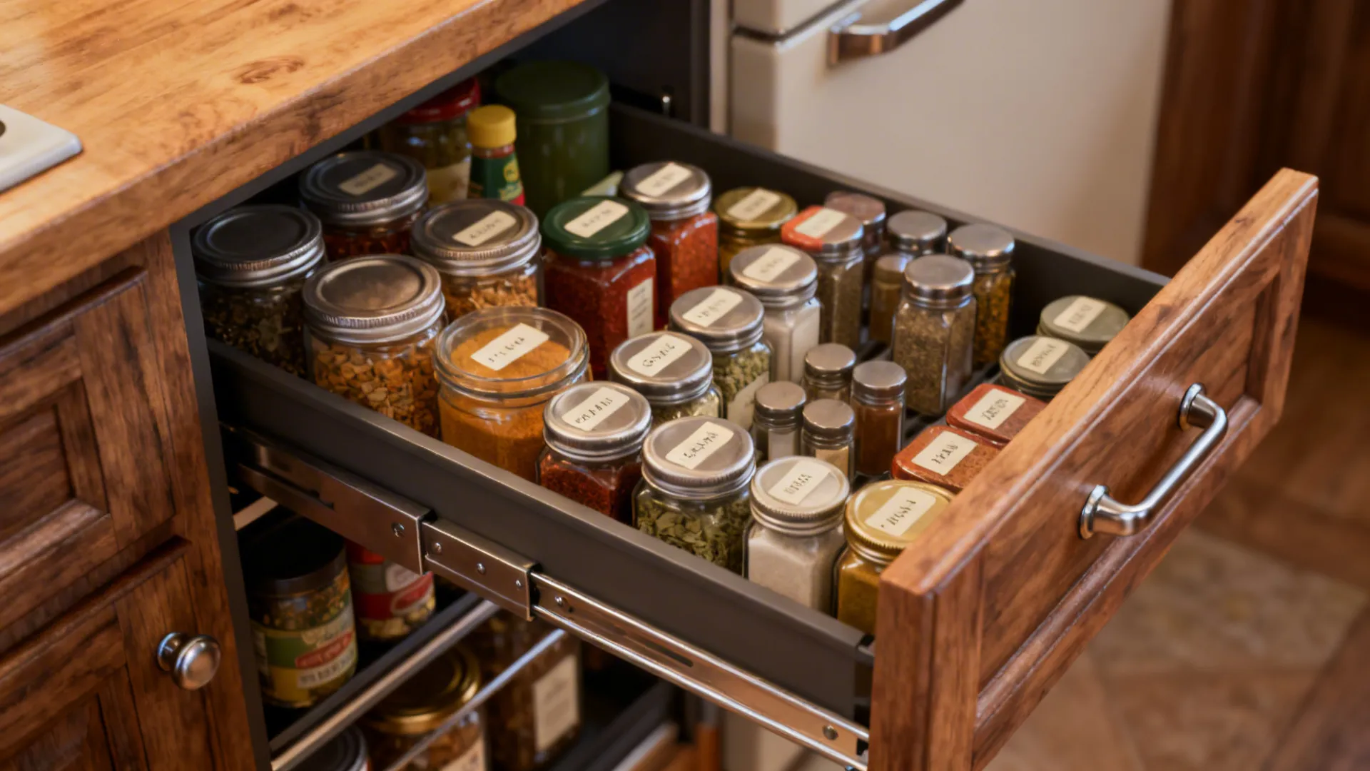 Close-up of pull-out pantry and vertical spice drawer, neatly organized with labeled jars.