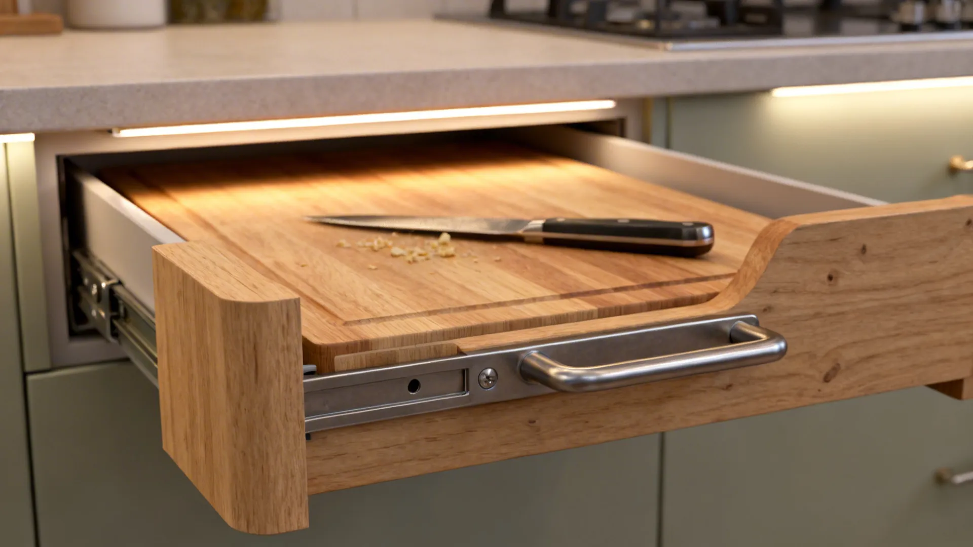 Drawer-mounted pull-out cutting board with high-quality hardware in a small kitchen