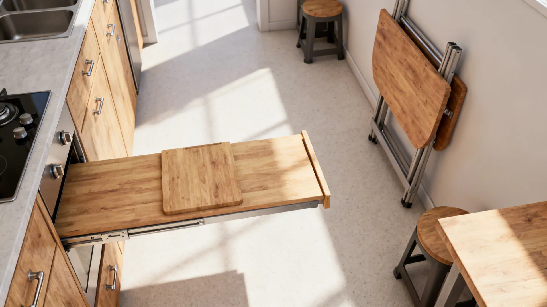 Top-down view of pull-out prep board and fold-down table maximizing counter space in a small kitchen