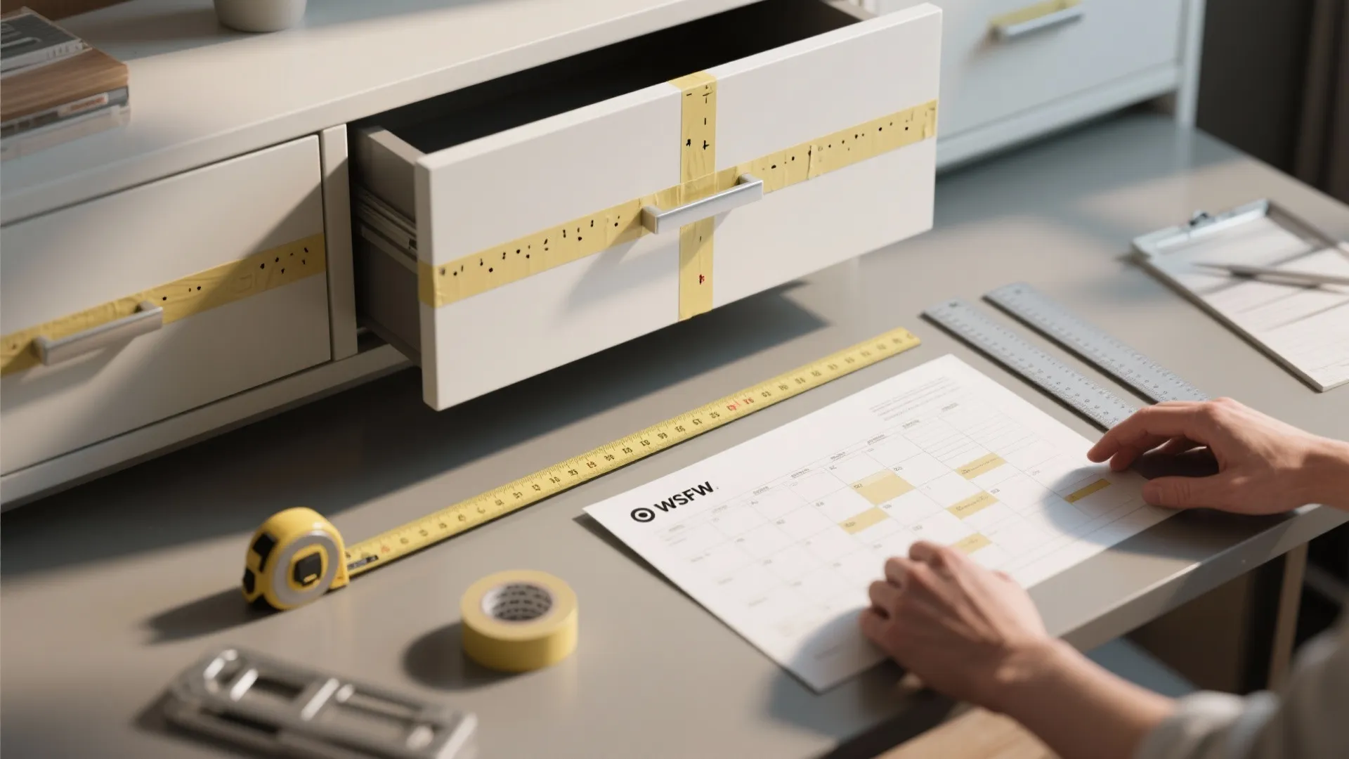 Top-down mockup with painter's tape marking pull placement and measuring tools