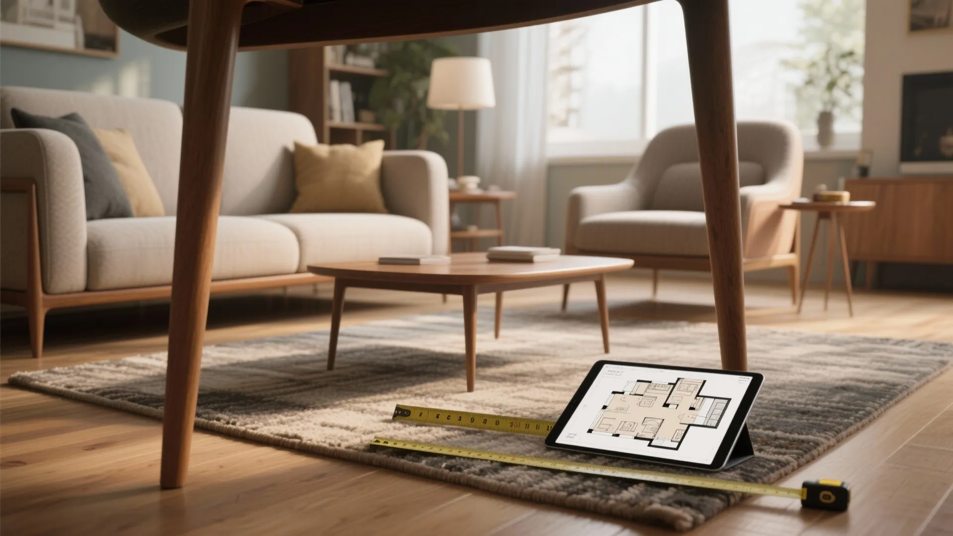 Living room showing sofa front legs pulled onto a small rug, with a tablet showing a 3D floor plan on the coffee table.