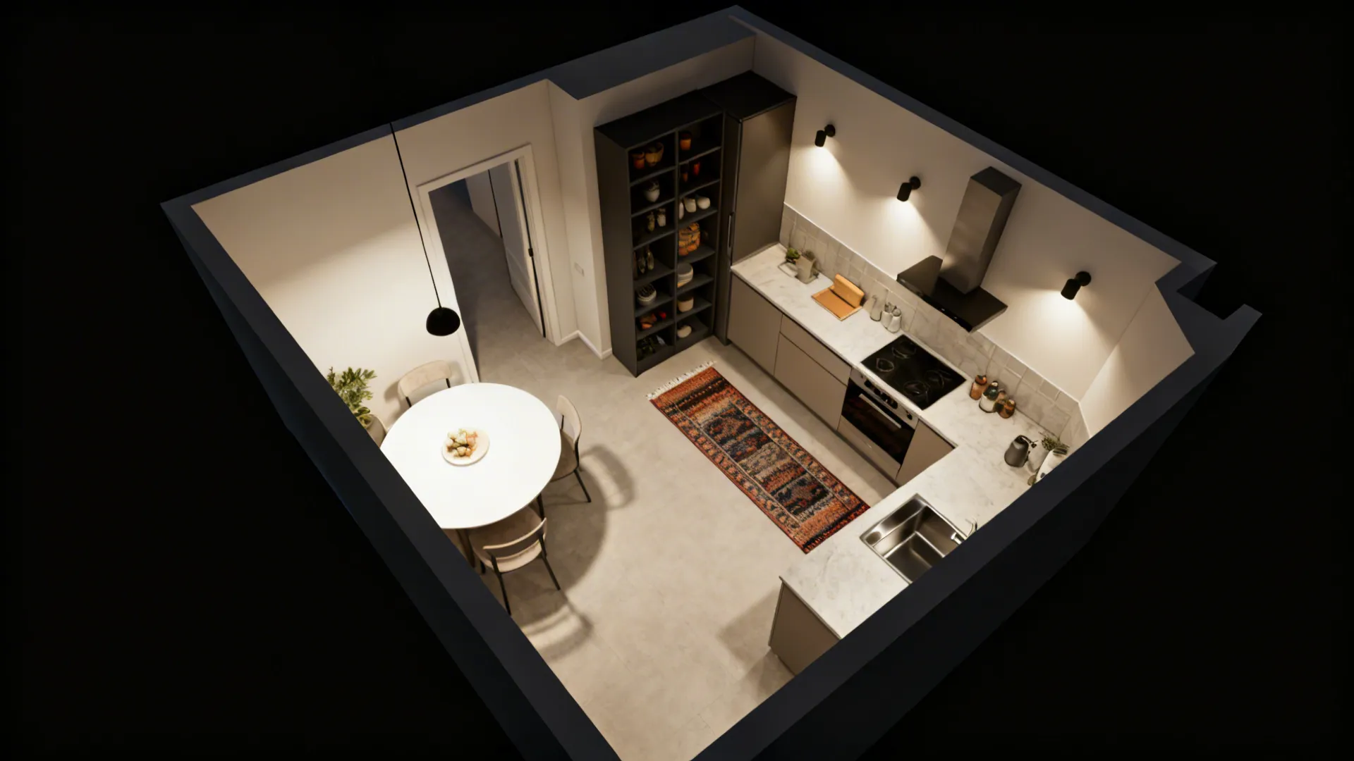 Top view interior design drawing showing a kitchen with dining table rug and wall lights