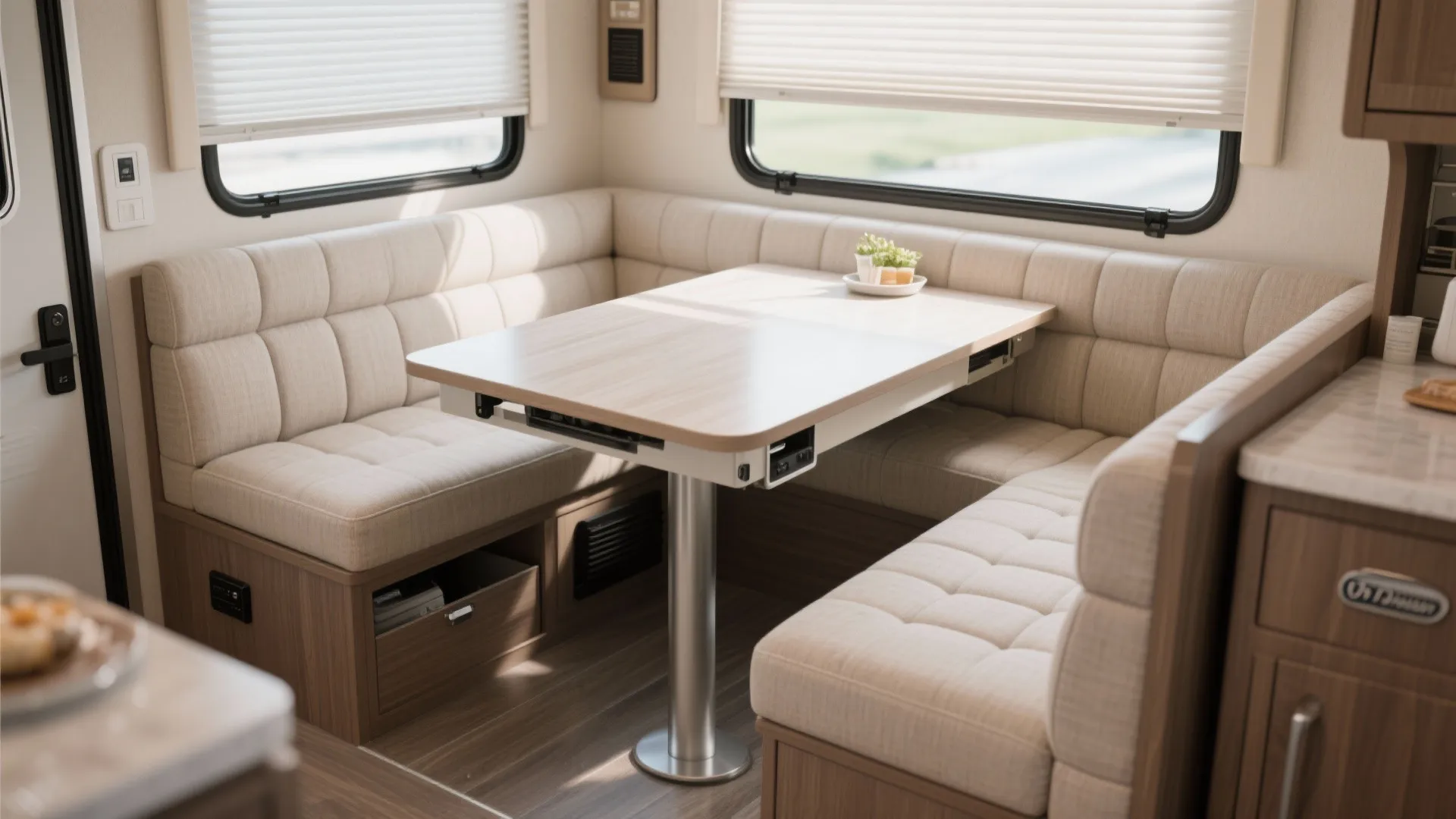 Beige cushioned booth seating area with a light wood table inside a modern camper interior