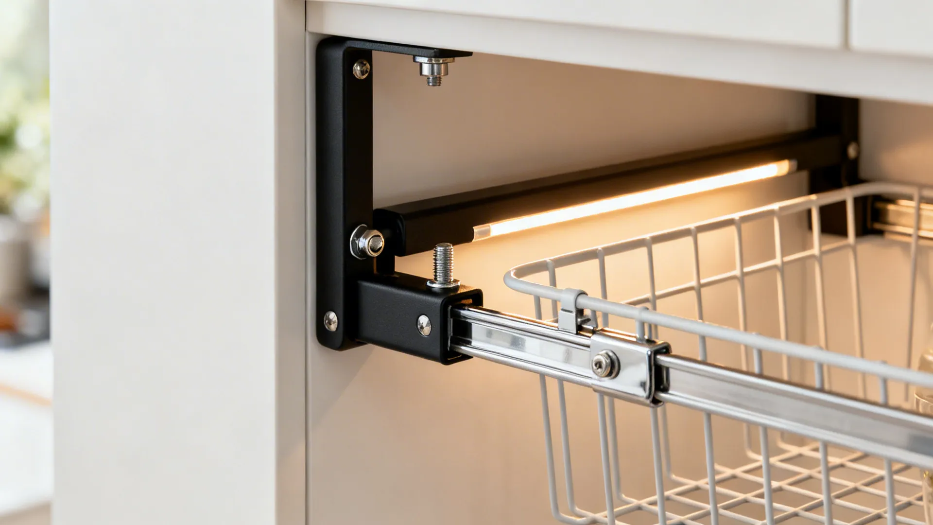 Macro of pull-down loft basket hardware with soft-close arms and LED lighting.