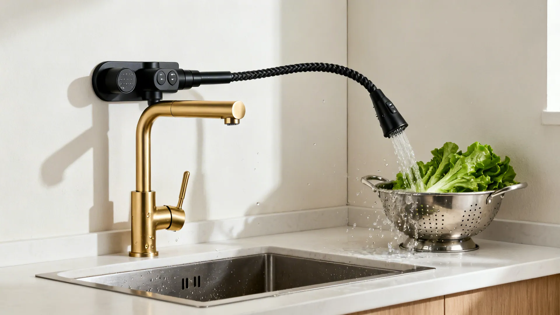 Gold kitchen faucet with black sprayer washing green lettuce in metal bowl over a kitchen sink