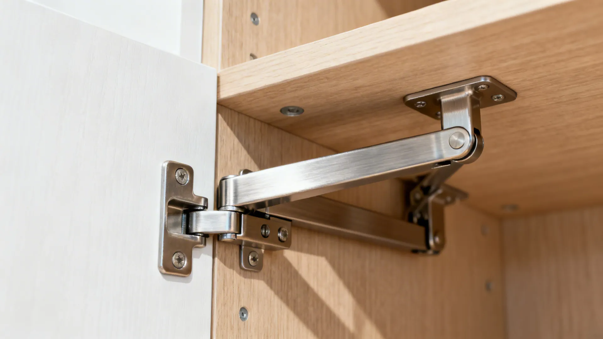 Close-up of an easy-reach pull-down mechanism inside an upper blind corner cabinet.