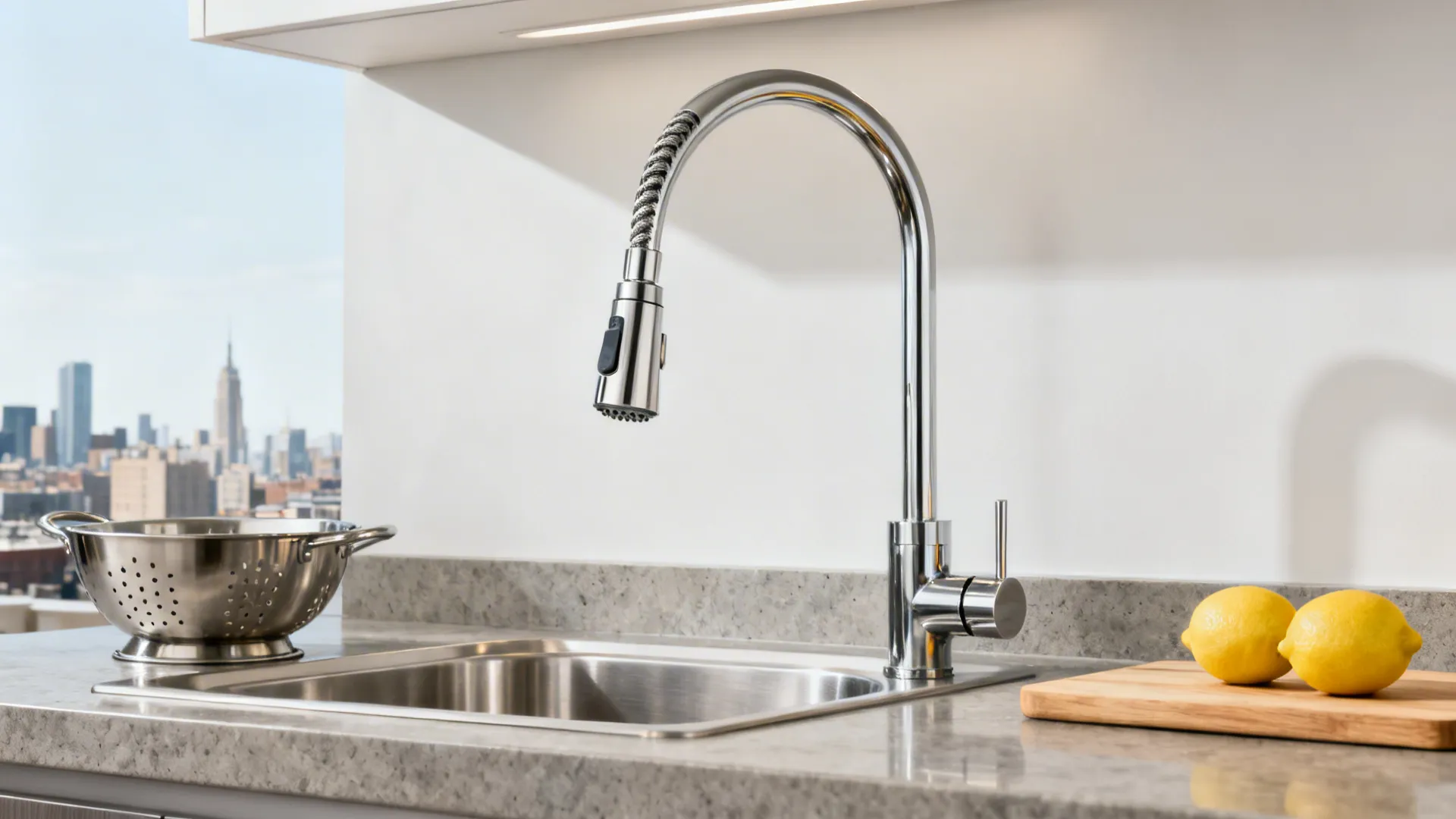 High-arc pull-down kitchen faucet with magnetic dock over a compact stainless sink.
