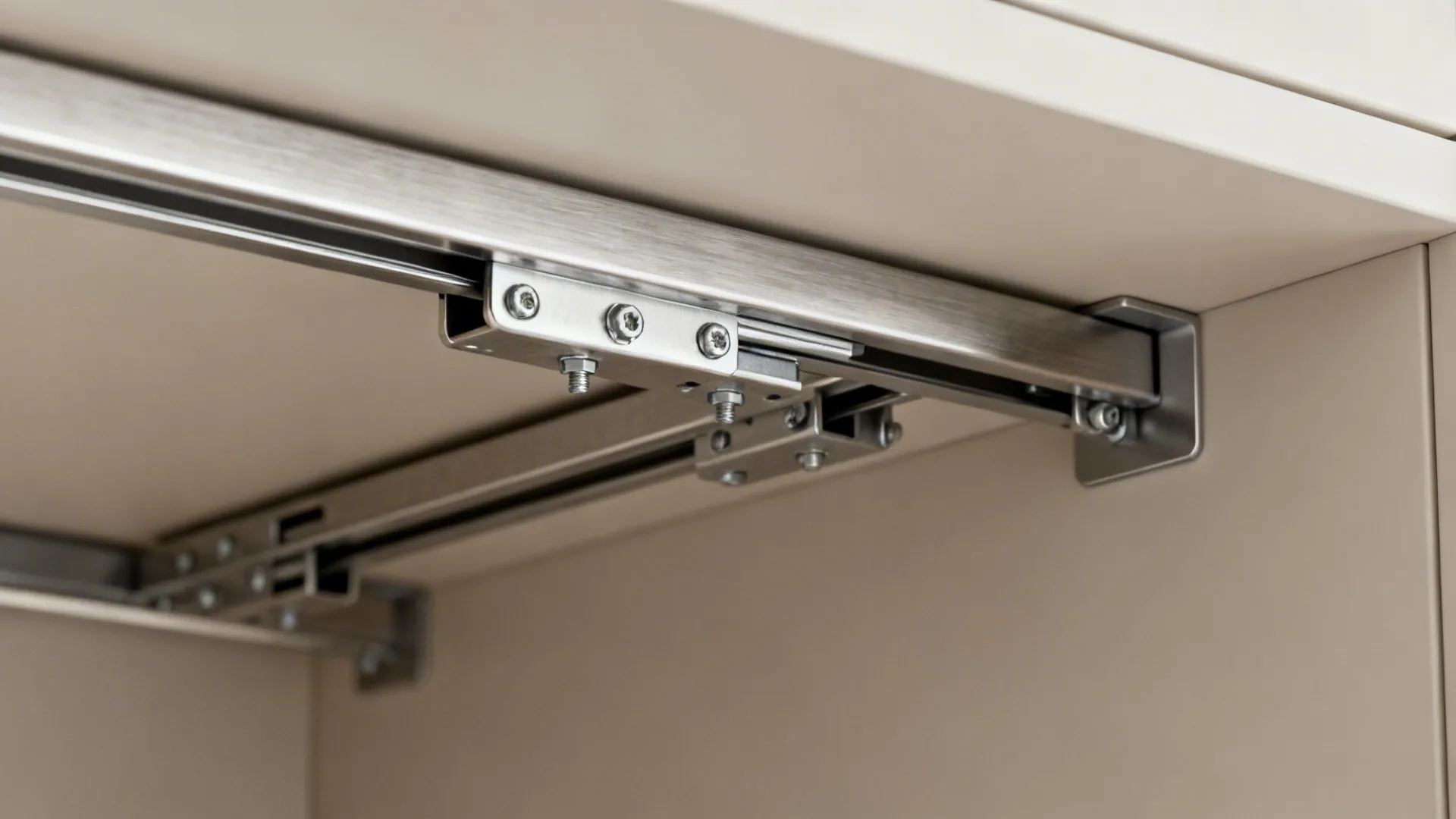 Close-up of a brushed metal pull-down cabinet mechanism with soft-close hardware.