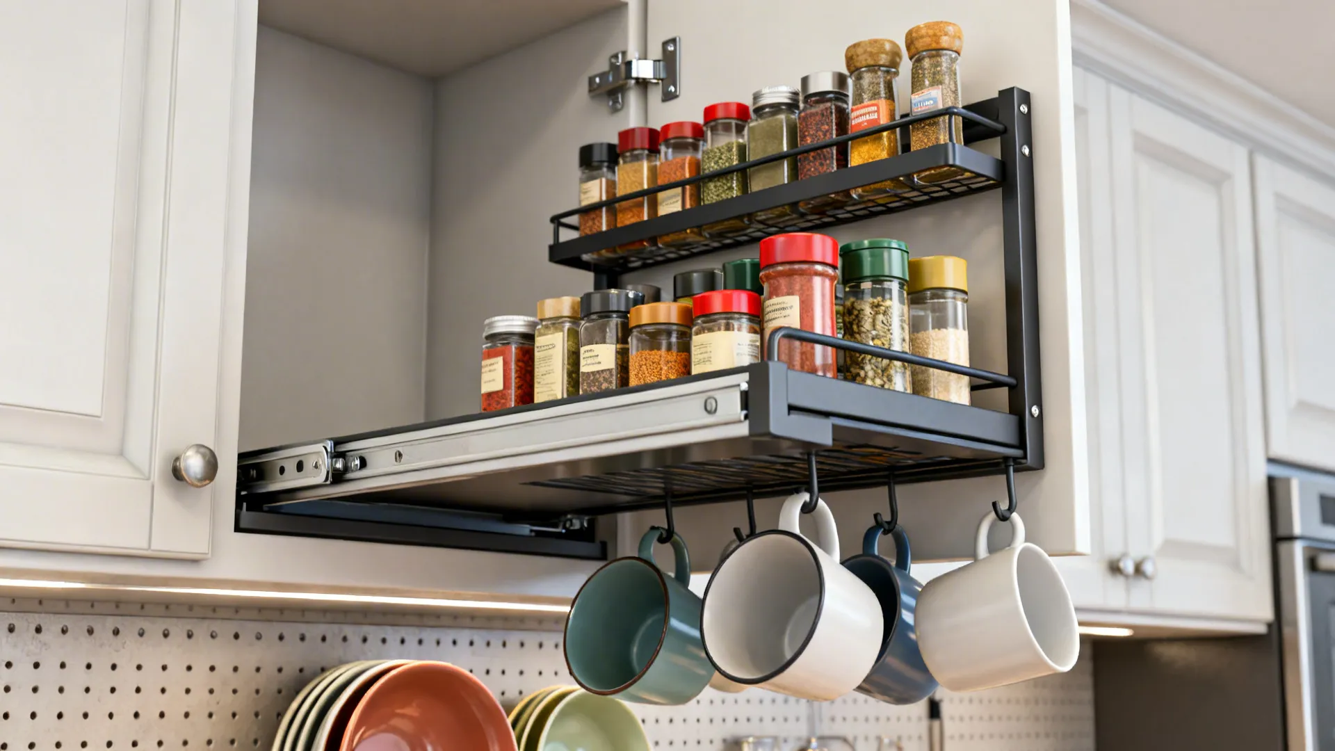 Close-up of an extended pull-down rack with spices and mugs in a wall cabinet interior.