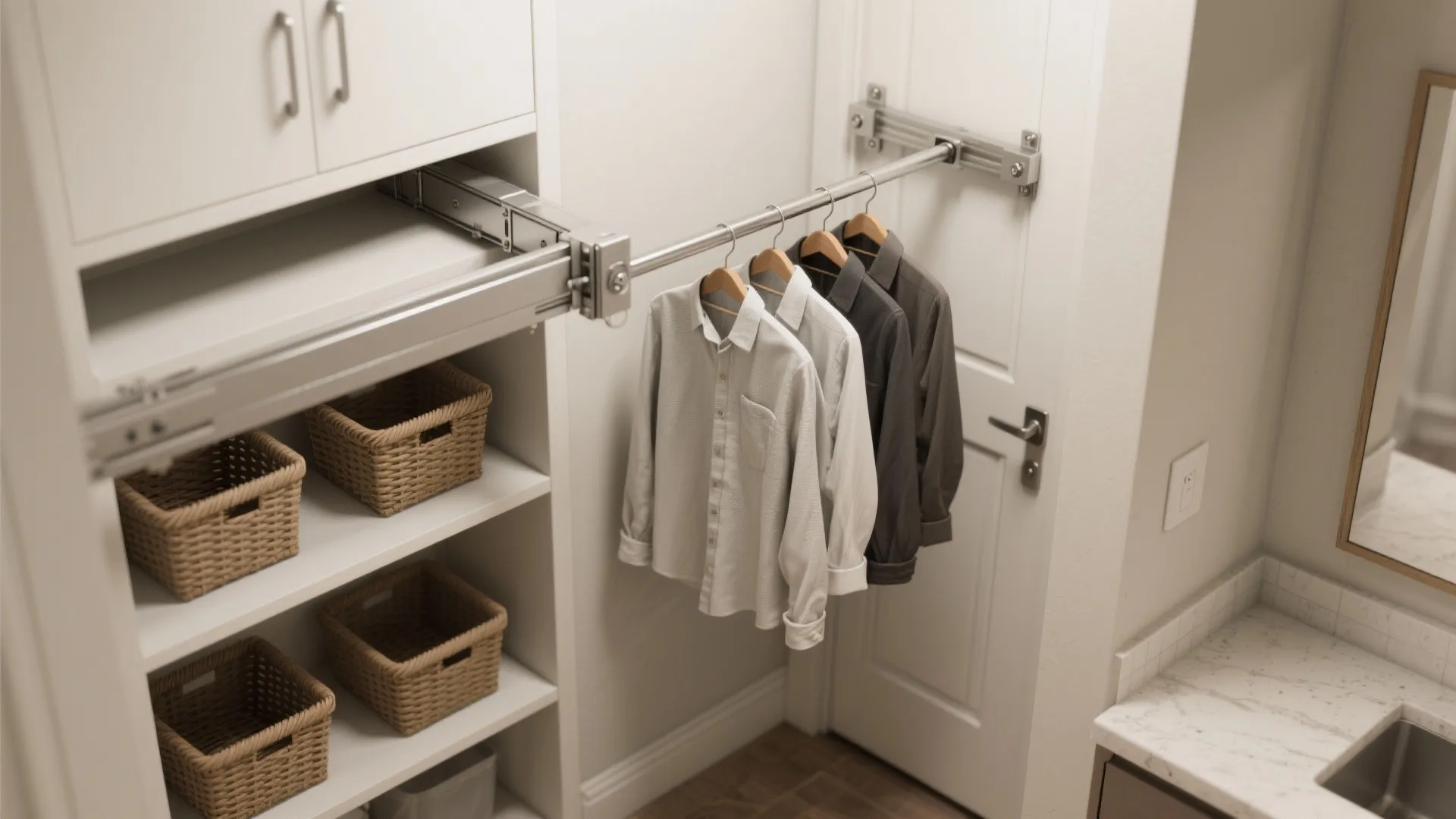 Pull down closet rod with hanging shirts and woven baskets on shelves in a white cabinet