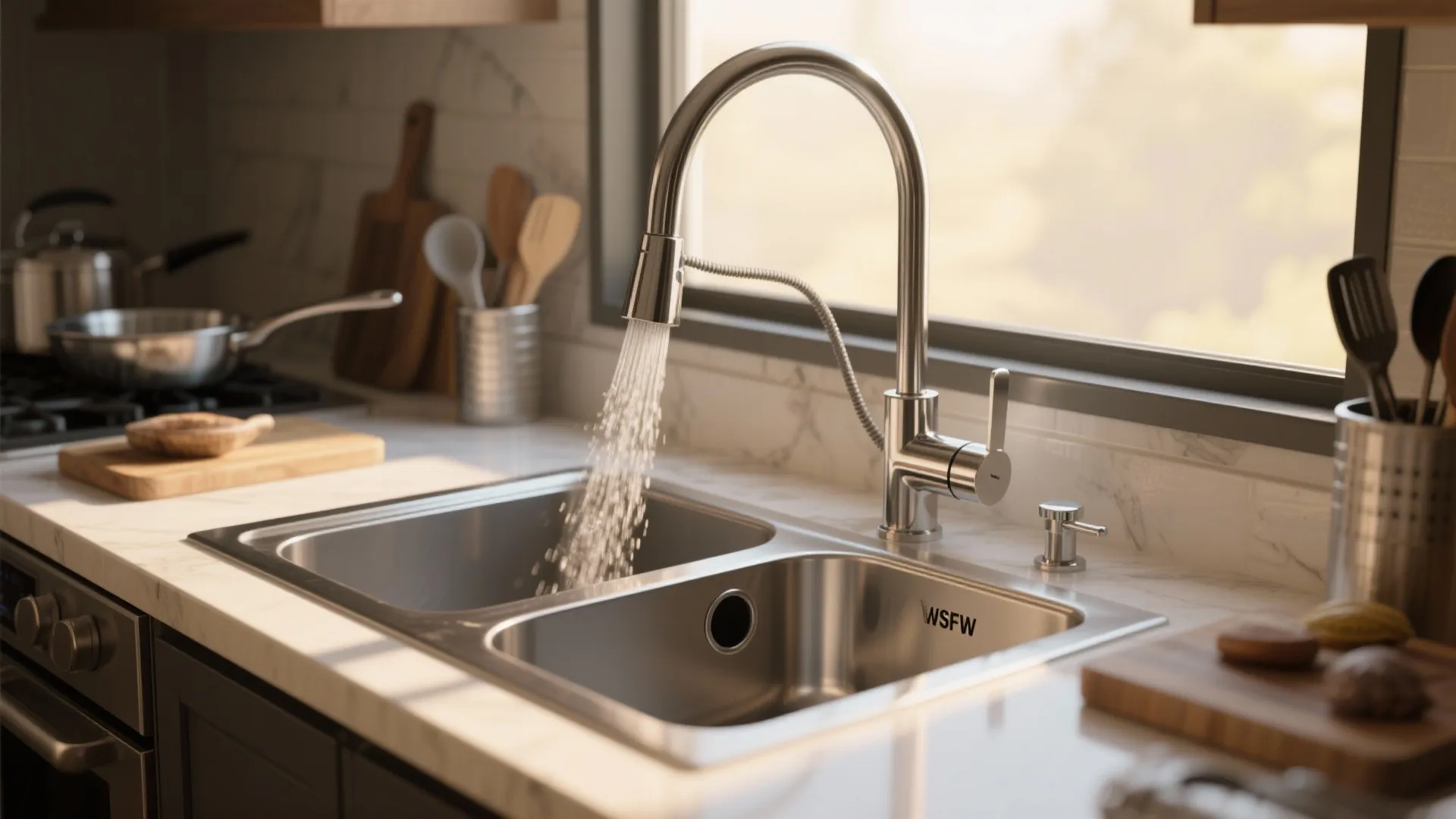 Modern kitchen sink with a chrome water tap spraying water into a double bowl basin