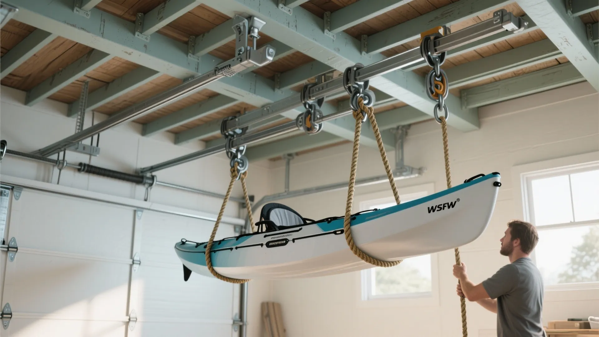 2. Ceiling-mounted pulley hoist for bulky items