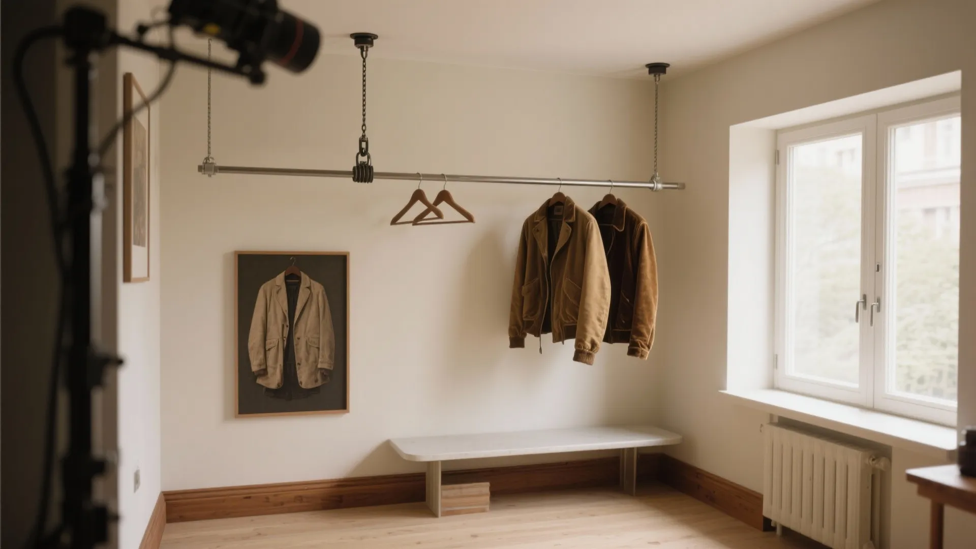 Minimalist room with a metal clothes hanging rod suspended from the ceiling by two chains