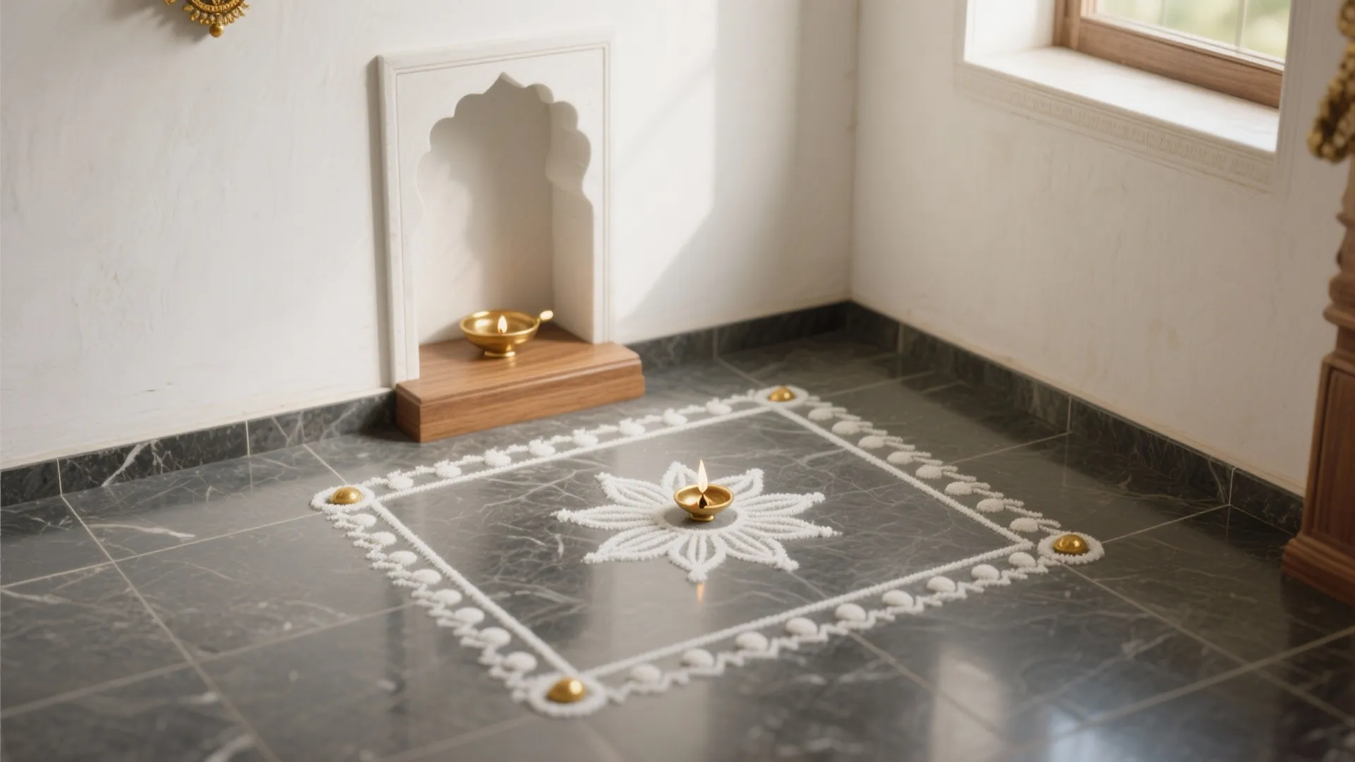 Minimal Dot Borders (Pulli Kolam) for Small Pooja Rooms