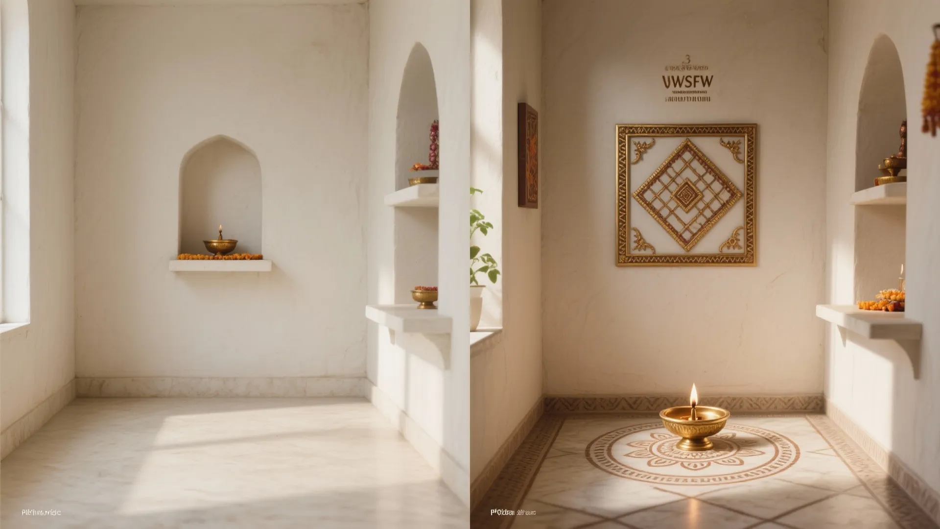 Before and after comparison of empty white prayer room and decorated room with wall art