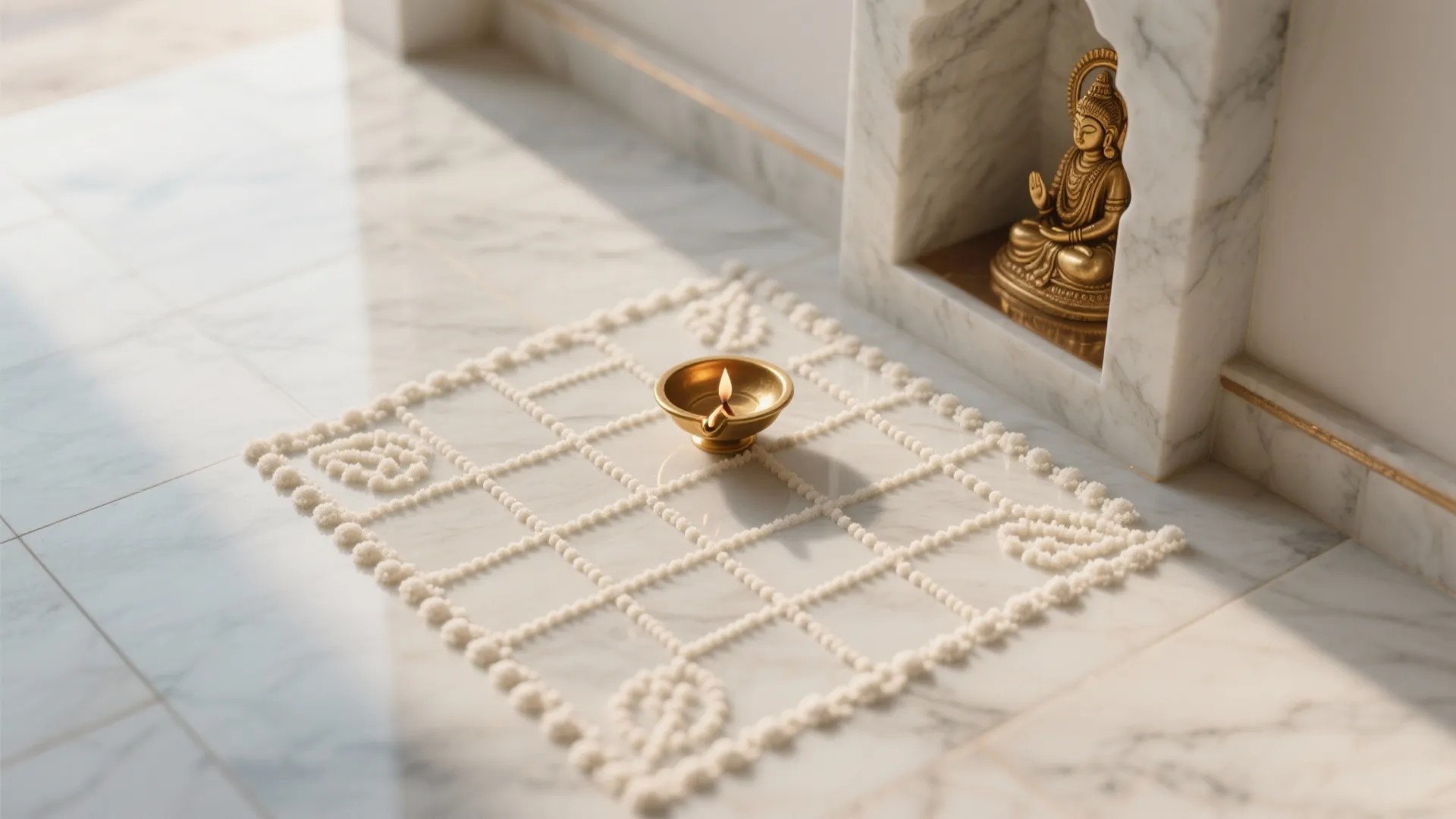 Golden oil lamp on white floor pattern with a small Buddha statue in marble niche