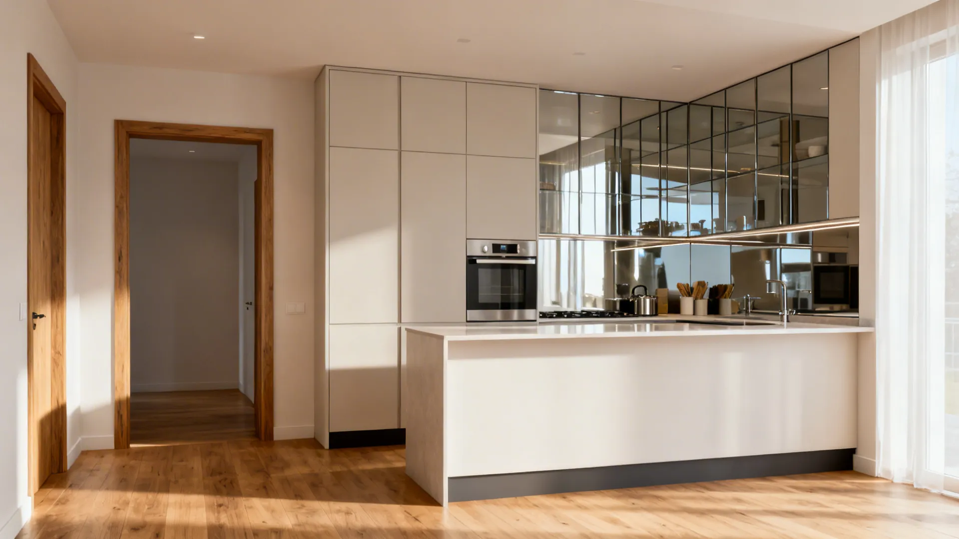 Before-and-after of a 10x14 kitchen combining peninsula, tall storage wall, reflective splash, and wood accents.