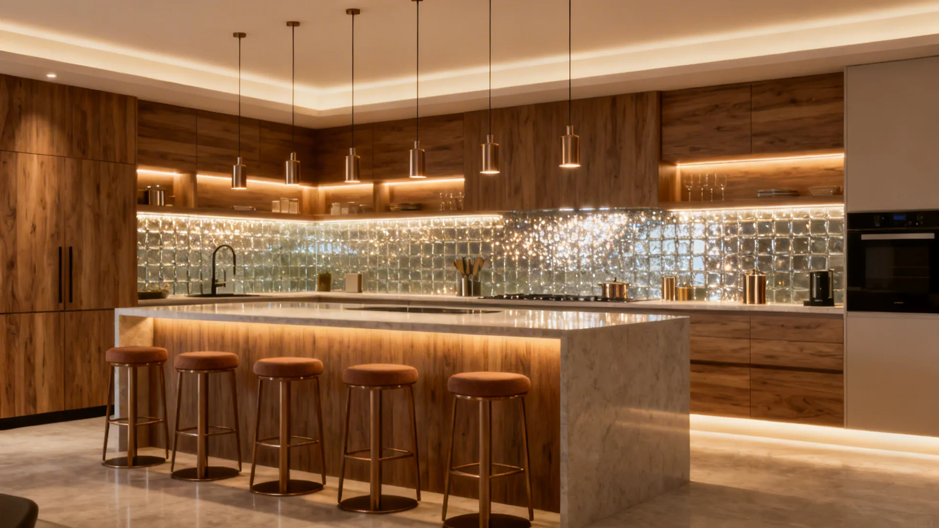 Warm kitchen interior with wooden cabinets marble island gold bar stools and many small ceiling lights