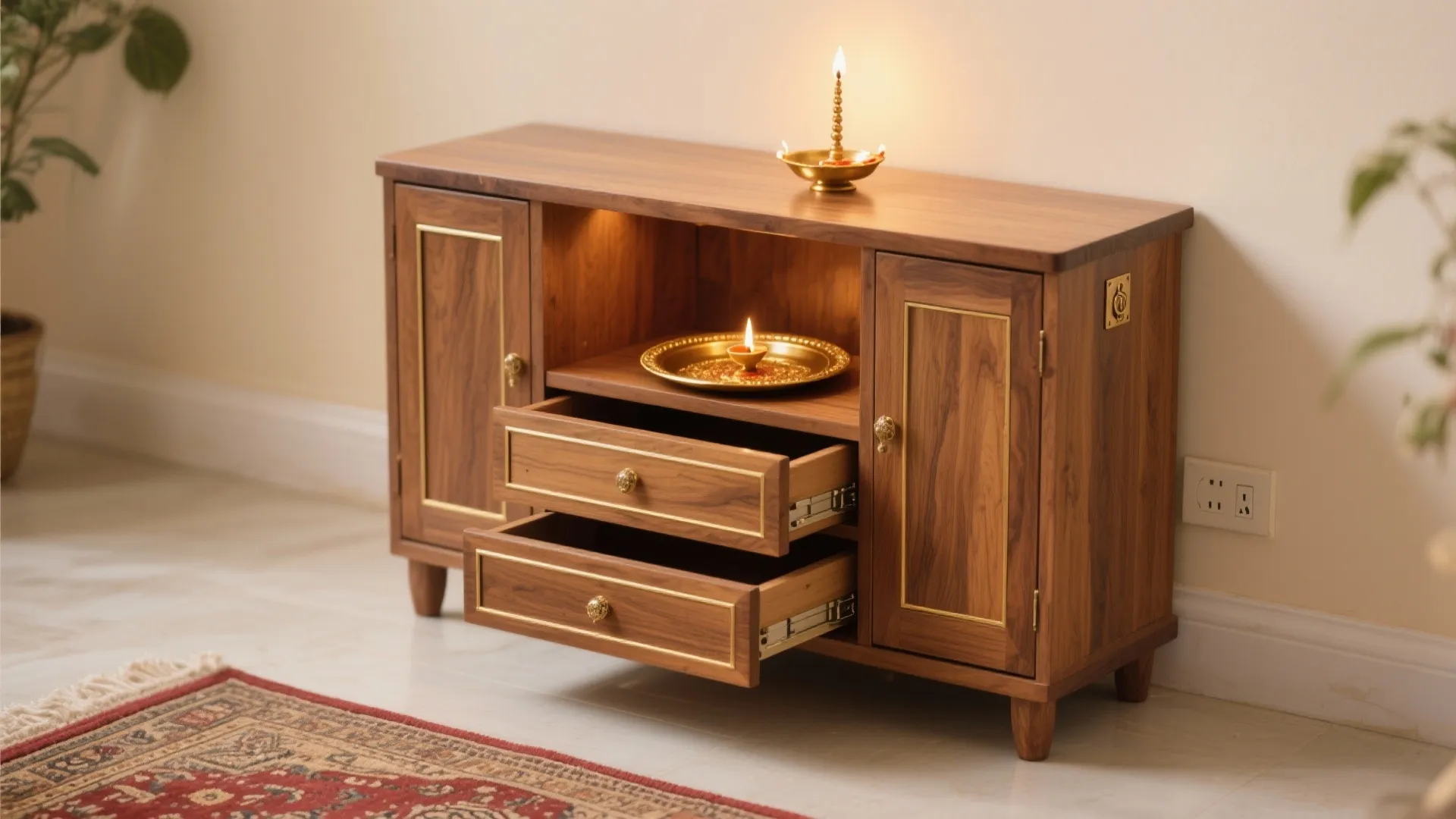 Compact Floor-Standing Mandir with Pull-Out Aarti Deck