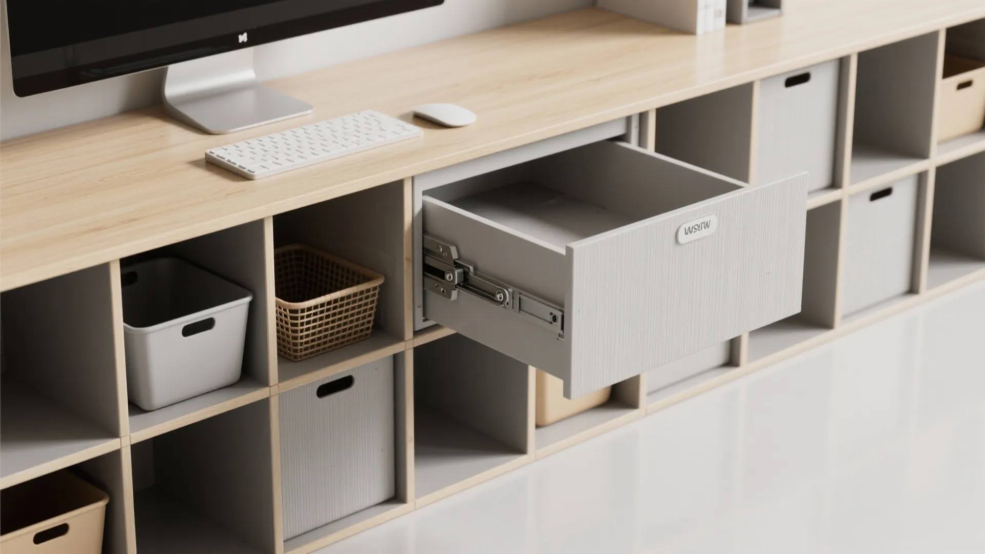 4. Pull-out work surface above storage cubes
