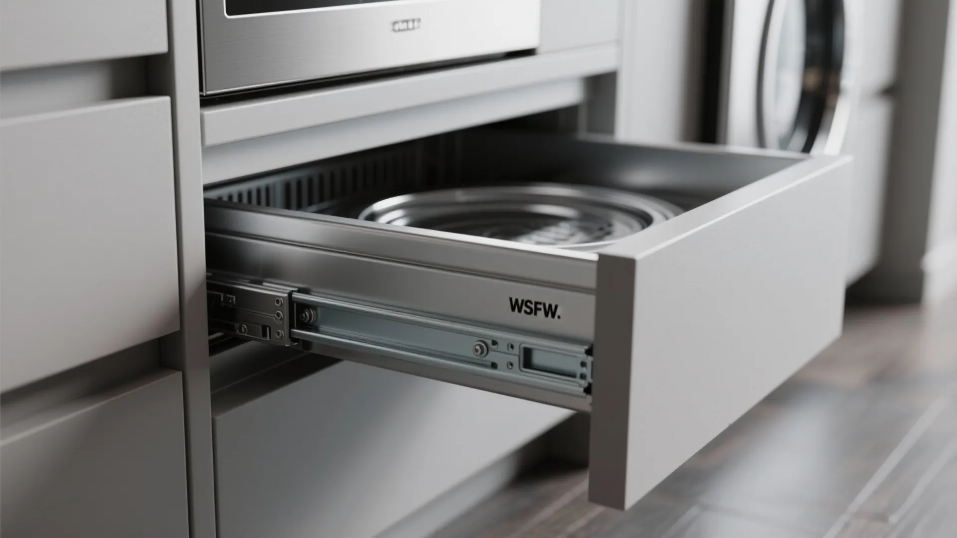 Close up of a metal pullout drawer under a grey cabinet for storing kitchen equipment