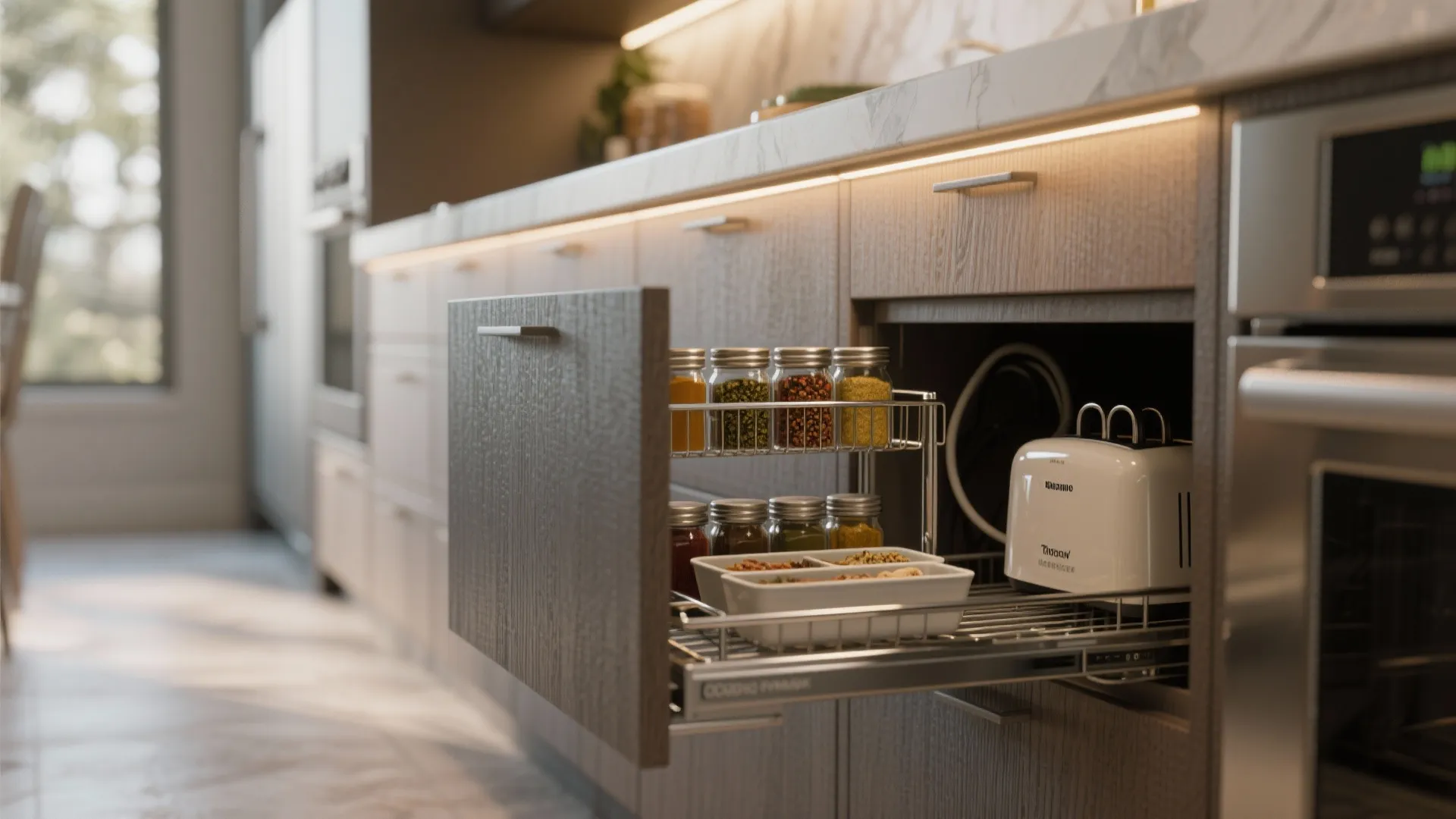 Open kitchen cabinet drawer with spice jars and toaster on metal pull out storage shelf rack