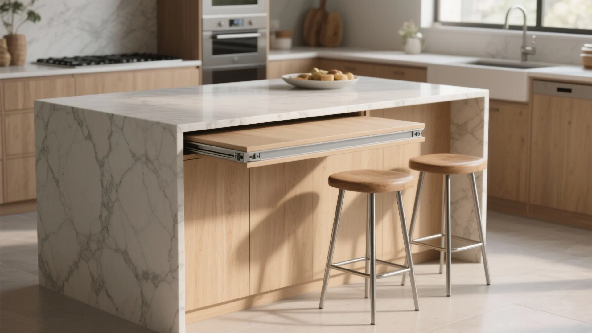 Marble kitchen island with hidden wooden pull out table extension and two minimalist wooden bar stools