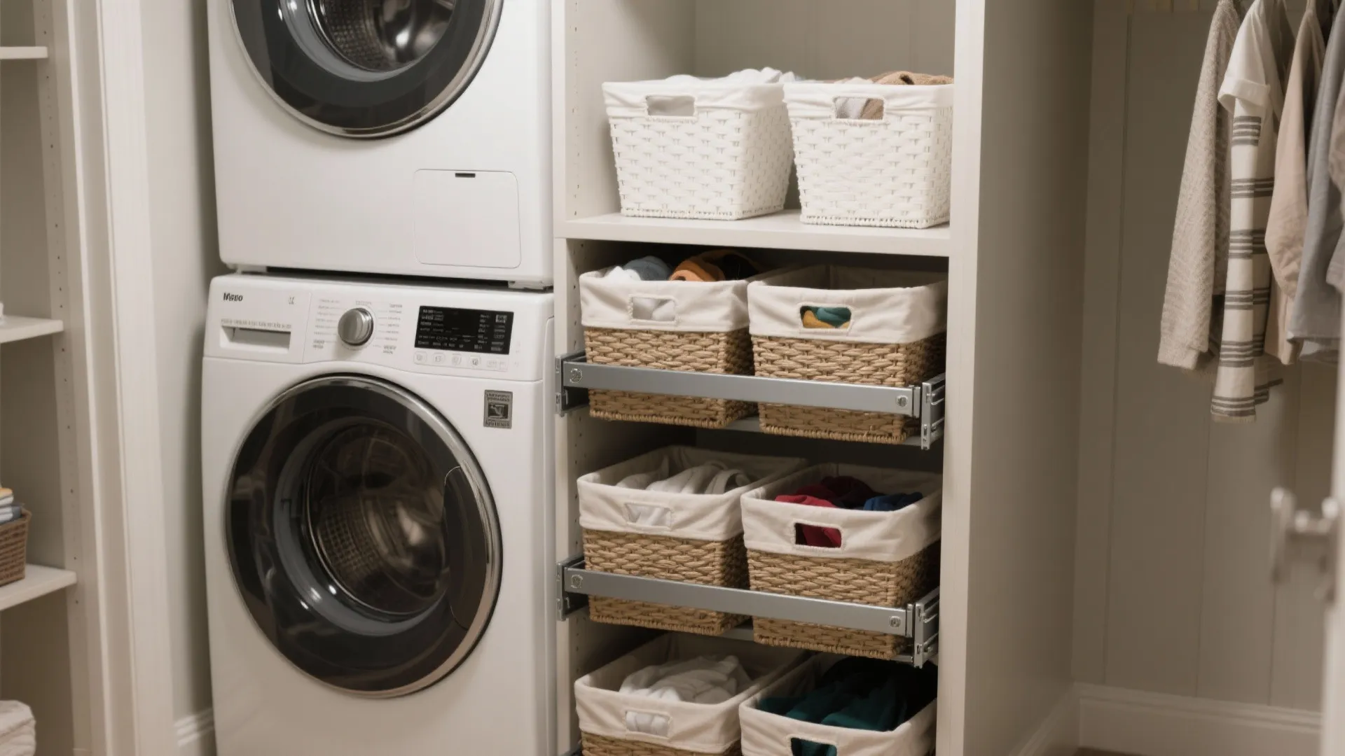 Closet-size laundry nook with stacked washer dryer above pull-out divided baskets on soft-close slides.