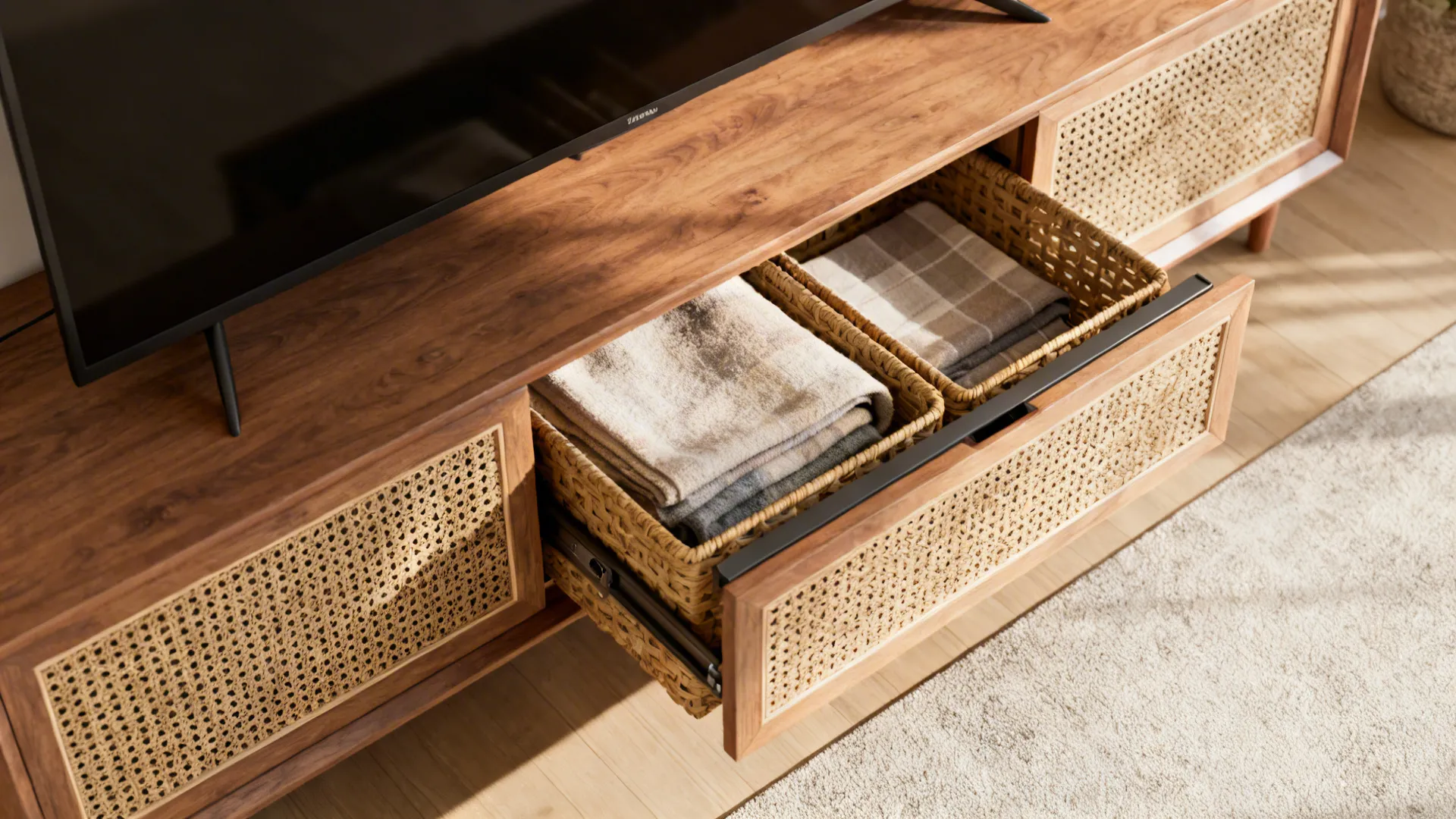 TV console with pull-out woven baskets storing folded blankets, shown slightly top-down.