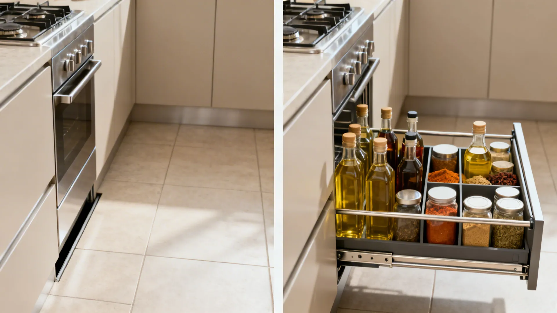 Before and after view of kitchen corner showing empty space and pull out drawer jars