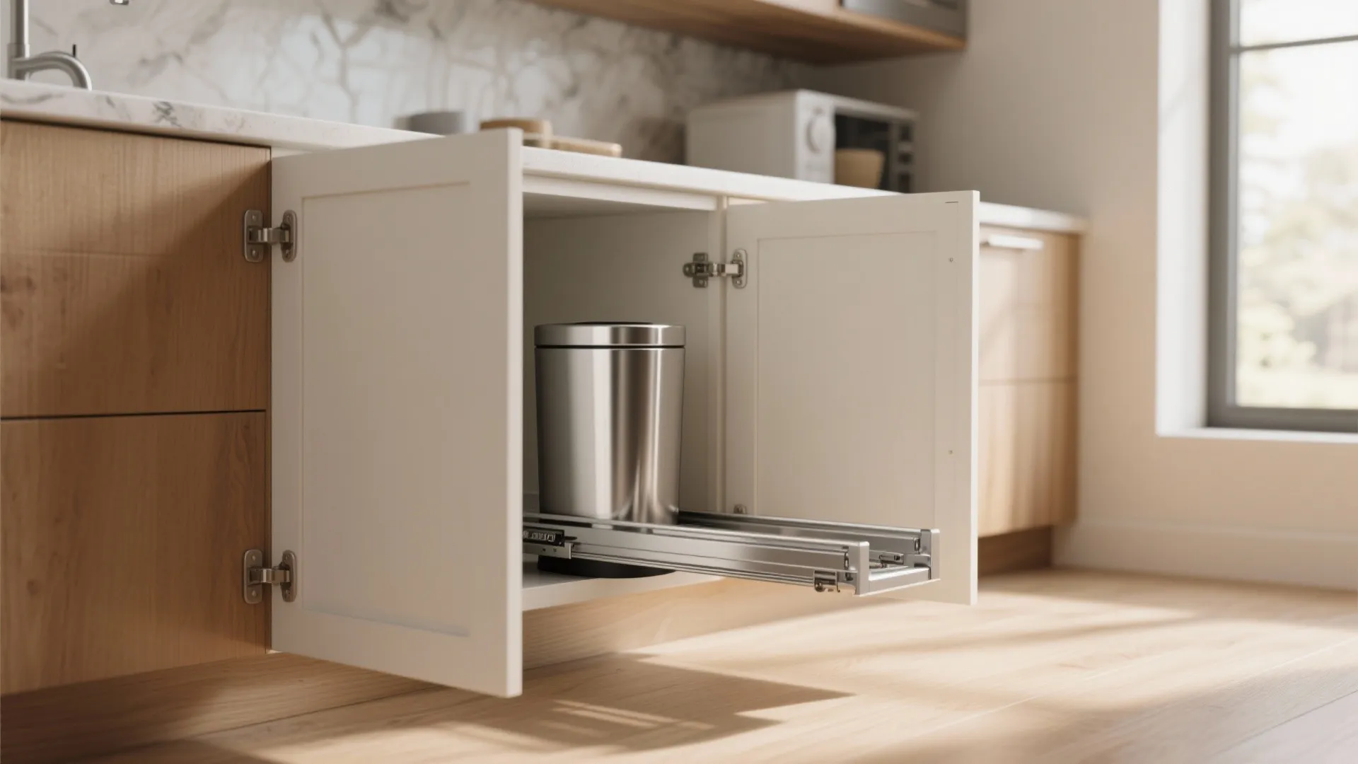 Modern kitchen with white cabinet open to show a metal pull out trash bin system