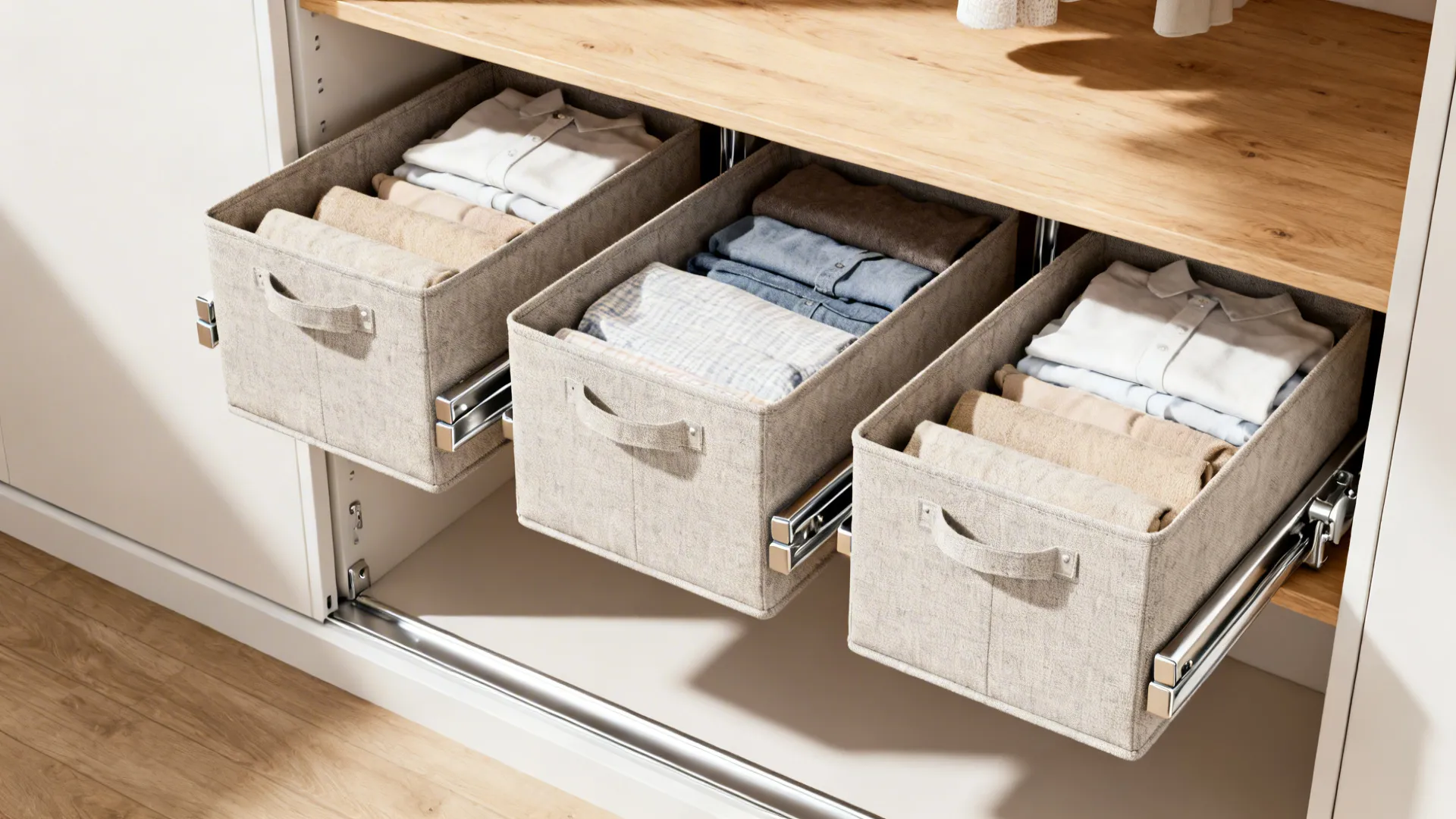 Three fabric storage bins on metal sliders under wood shelf with neatly folded white clothes