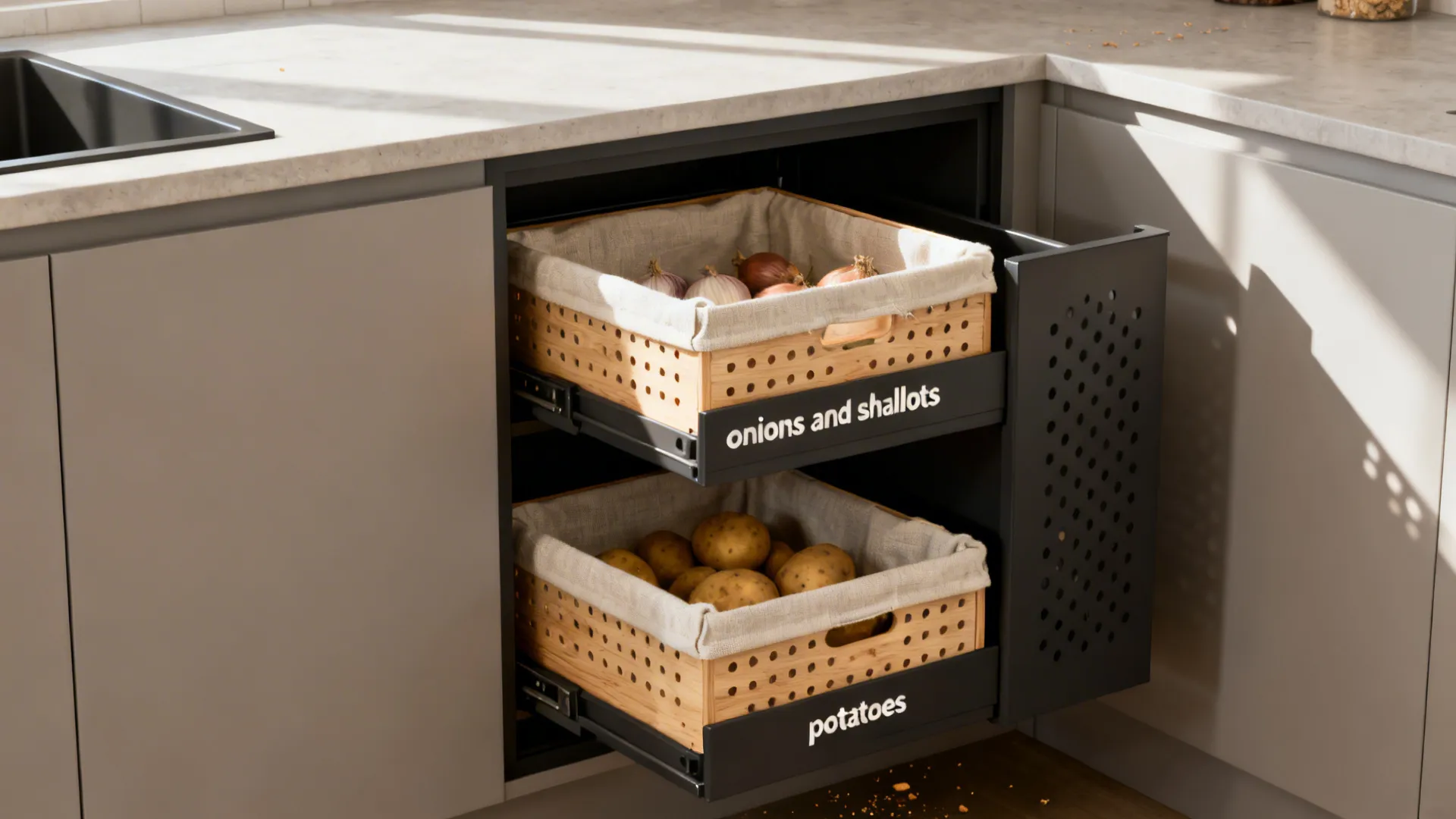Two-tier pull-out base cabinet with perforated birch bins separating onions and potatoes in a cool, dark zone.