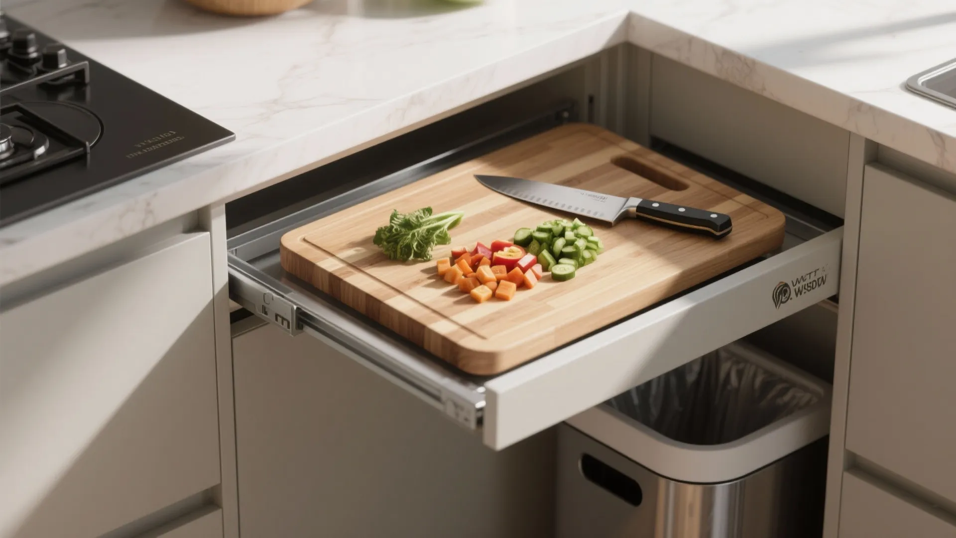 Pull out kitchen drawer showing a wood cutting board with chopped vegetables and a sharp knife